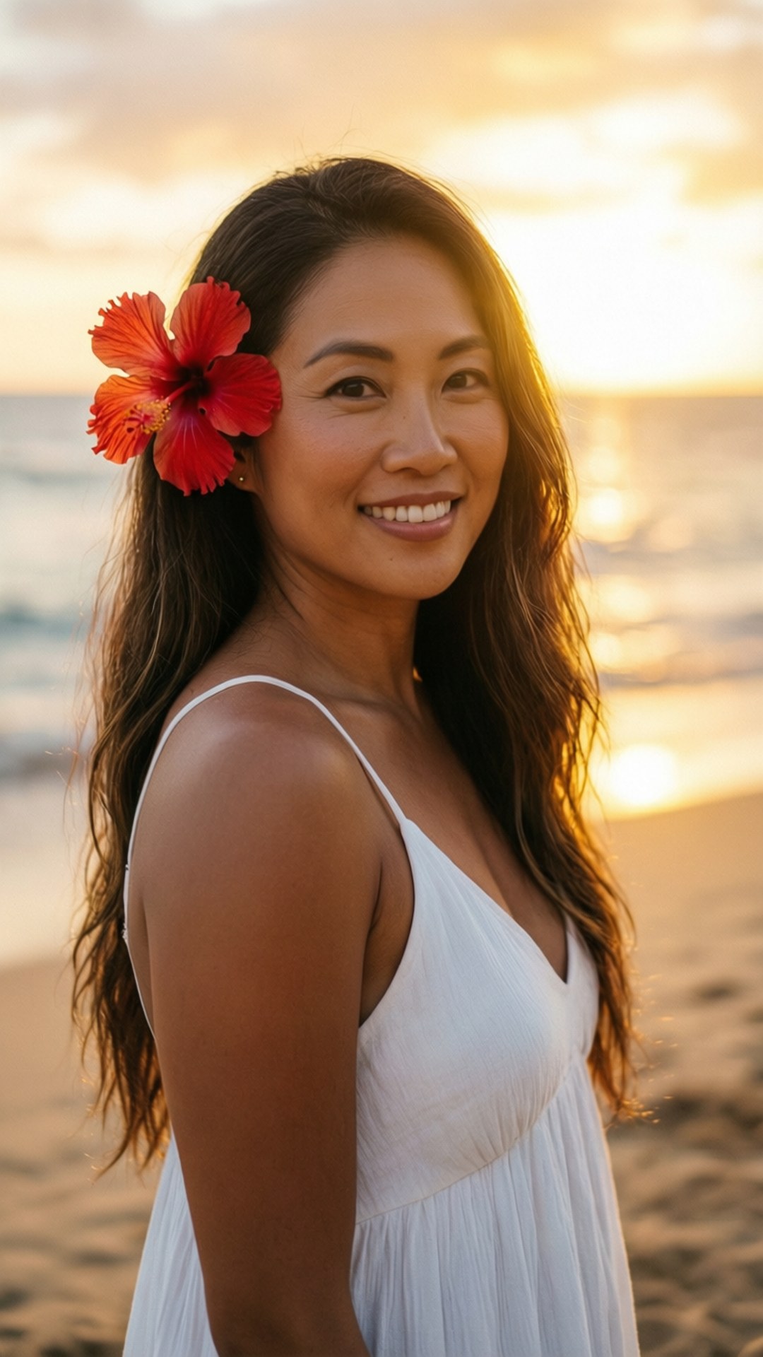 Hawaiian Hibiscus Portrait 壁紙 — 一位微笑的女子，頭髮上插著紅色木槿花，站在金色夕陽下的沙灘上。