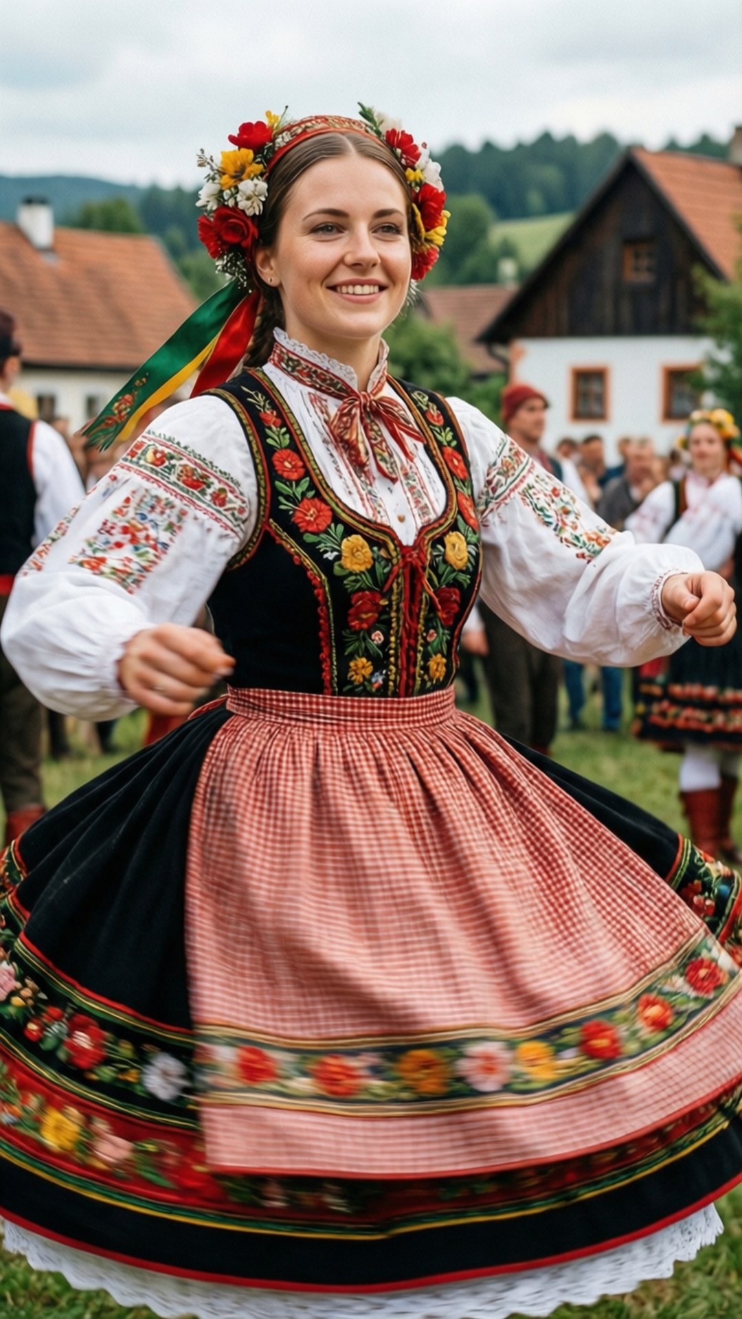 Czech Folk Dancer Portrait 壁紙 — 一位微笑的女子穿著鮮豔的傳統民俗服飾，戴著花冠和刺繡連衣裙在戶外跳舞。