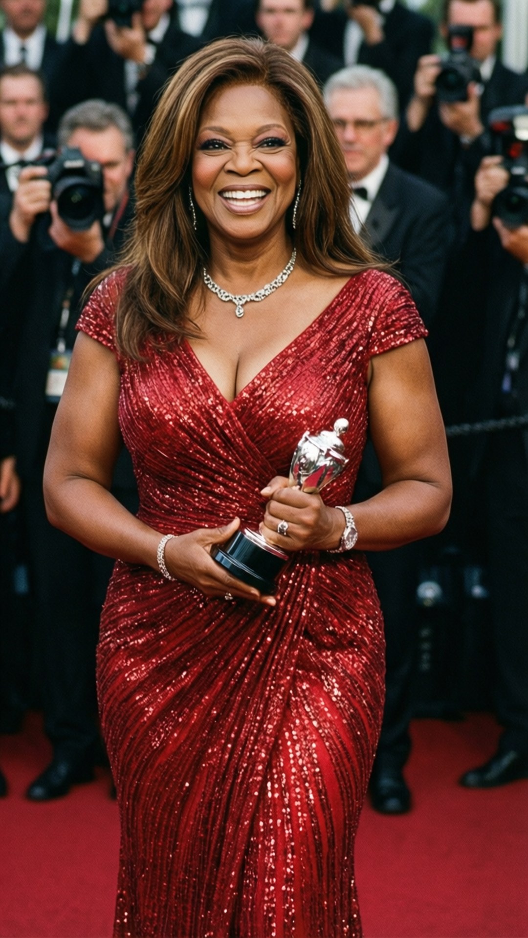 Oprah at the Awards 壁紙 — 一位微笑的女子身穿閃亮紅裙，在紅地毯上舉起獎盃，身後有攝影師。