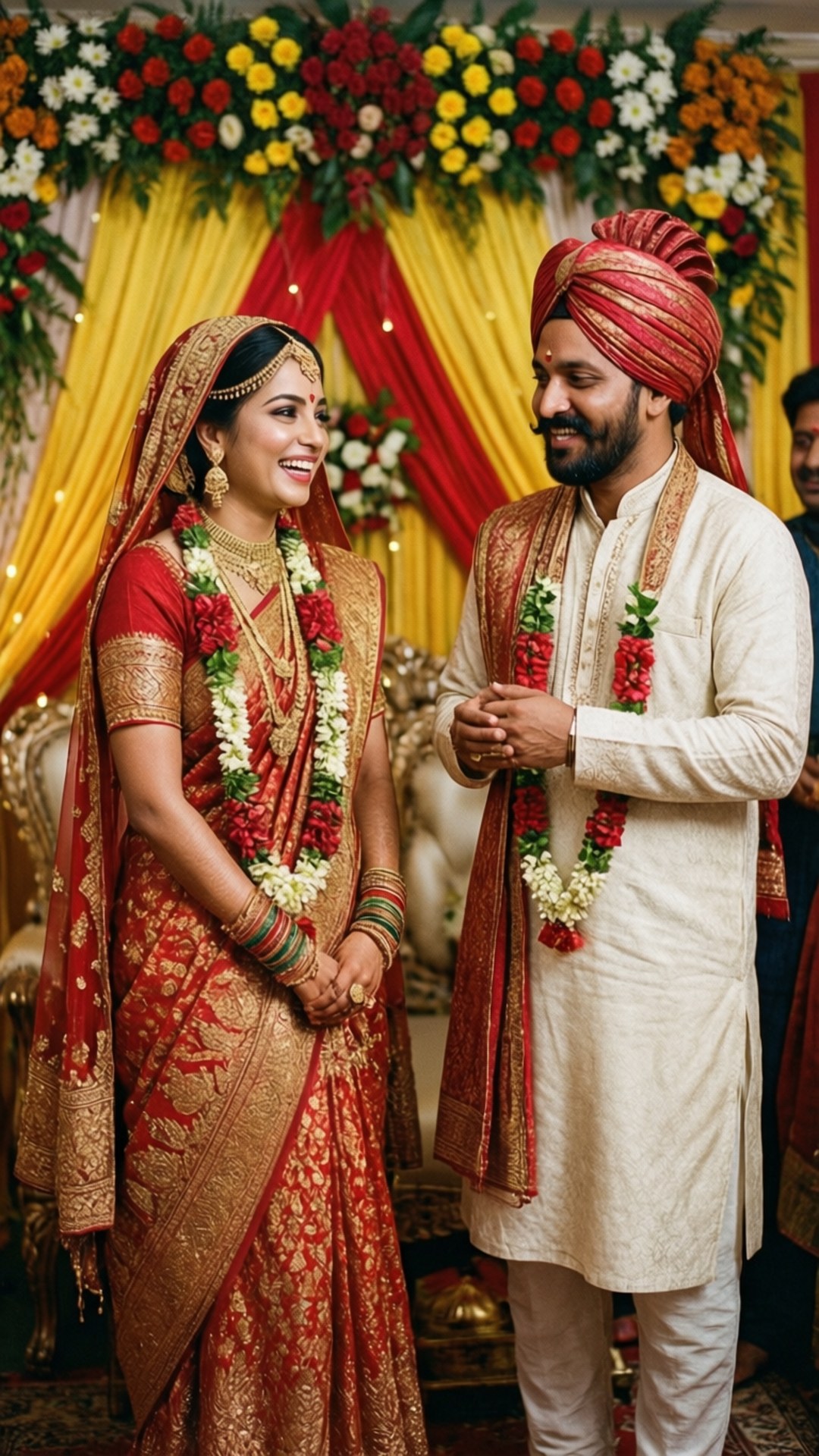 Bengali Wedding Bliss 壁紙 — 一位微笑的印度新娘身穿紅金色 lehenga，新郎身穿米色 sherwani 配紅色頭巾，站在花卉裝飾的黃紅色背景前。