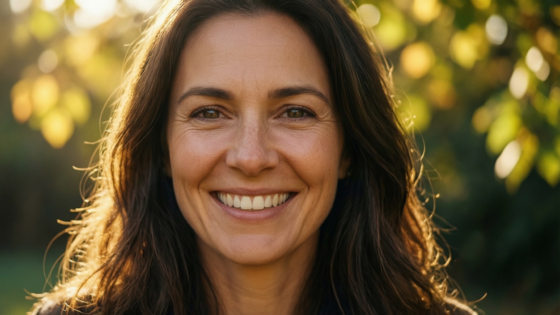 Warm Sunlit Smile 壁紙 — 一位溫暖微笑的棕髮女性，沐浴在金色陽光下，背景是模糊的樹葉。