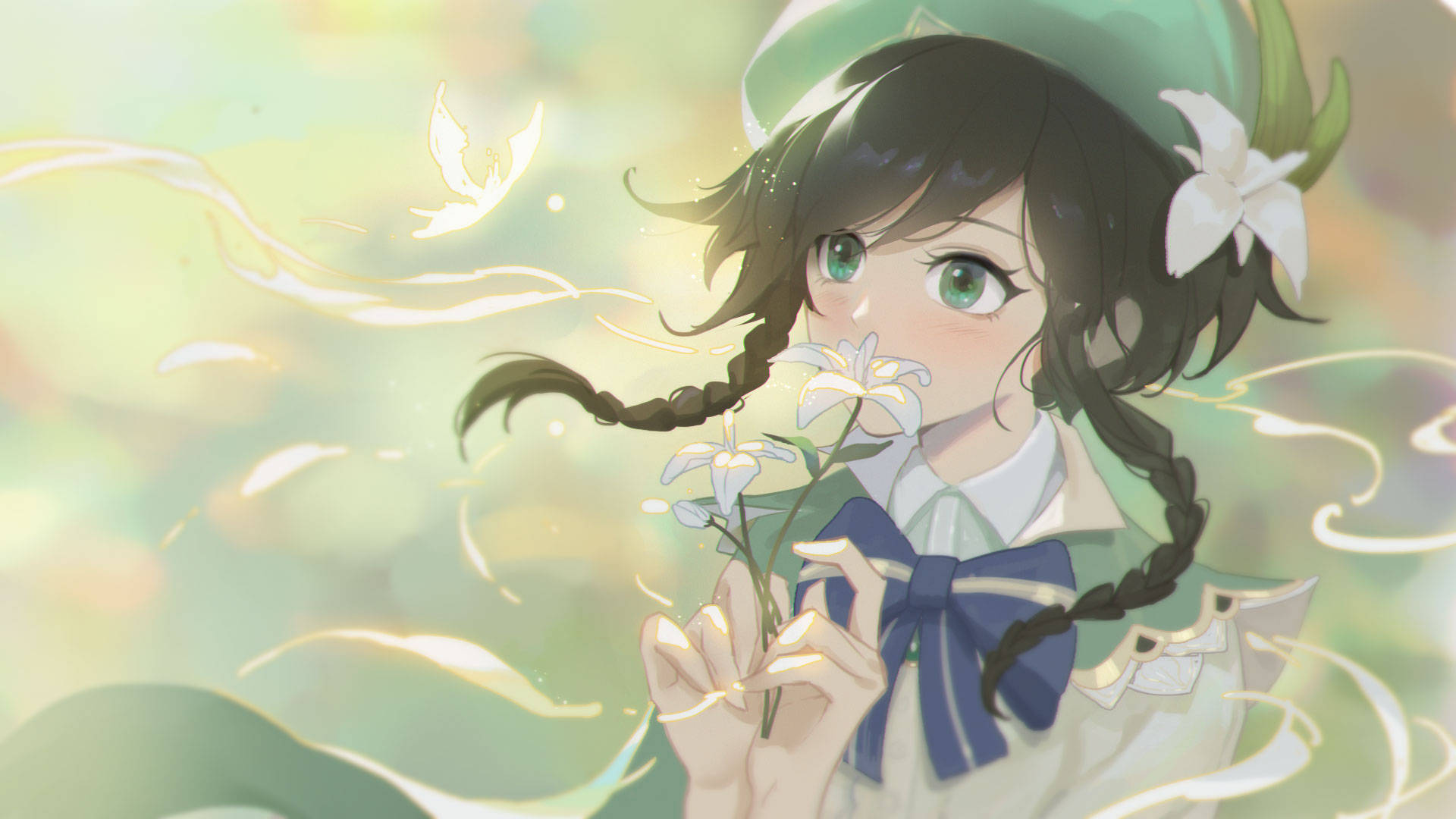 動漫女孩在柔和粉彩背景中手持白色百合花，周圍有發光的蝴蝶。 — 原神 壁紙