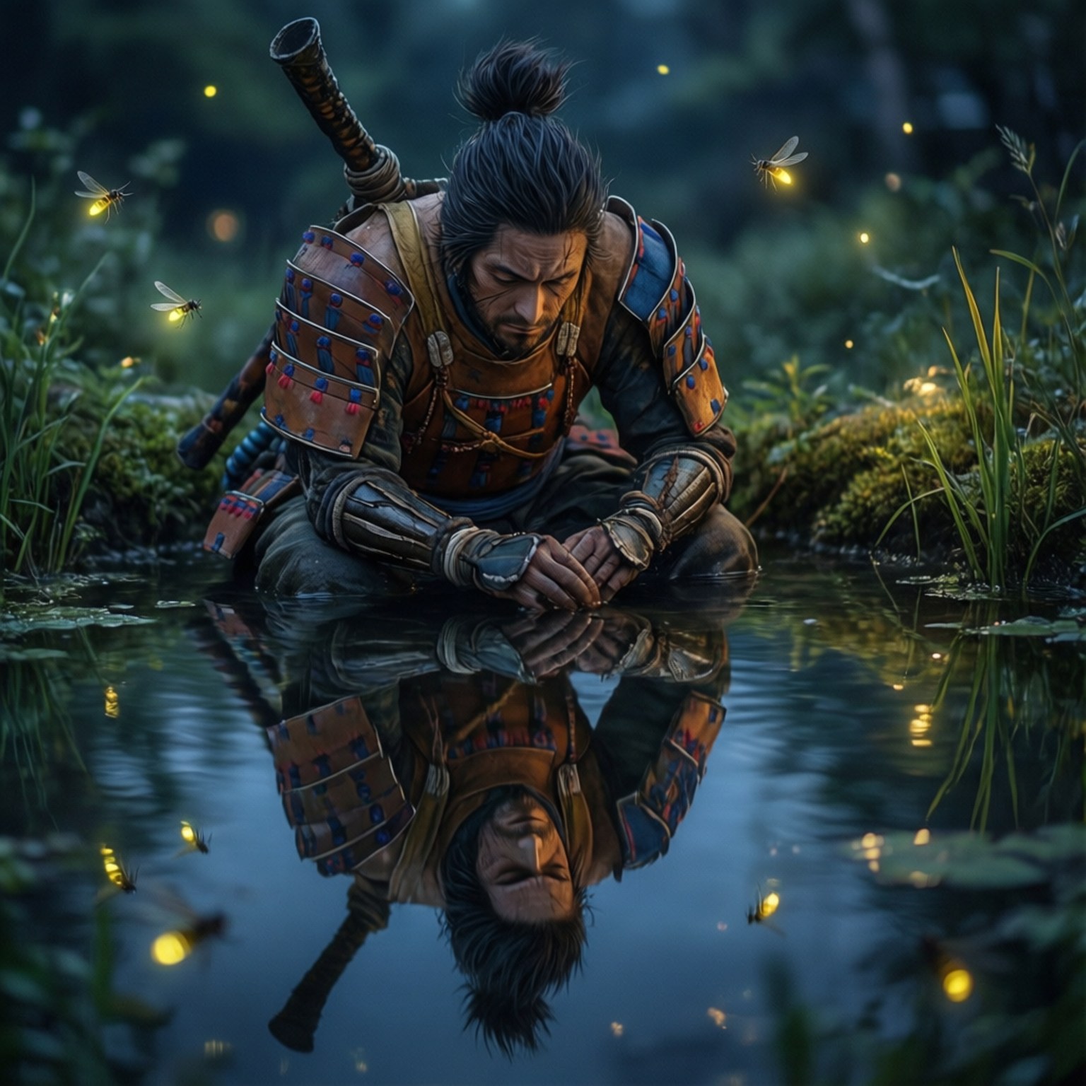 隻狼 桌布 壁紙 — 一位武士在黃昏時跪在寧靜的池塘邊，他的倒影映在水面上，螢火蟲在他周圍閃爍，身處寧靜的森林中。