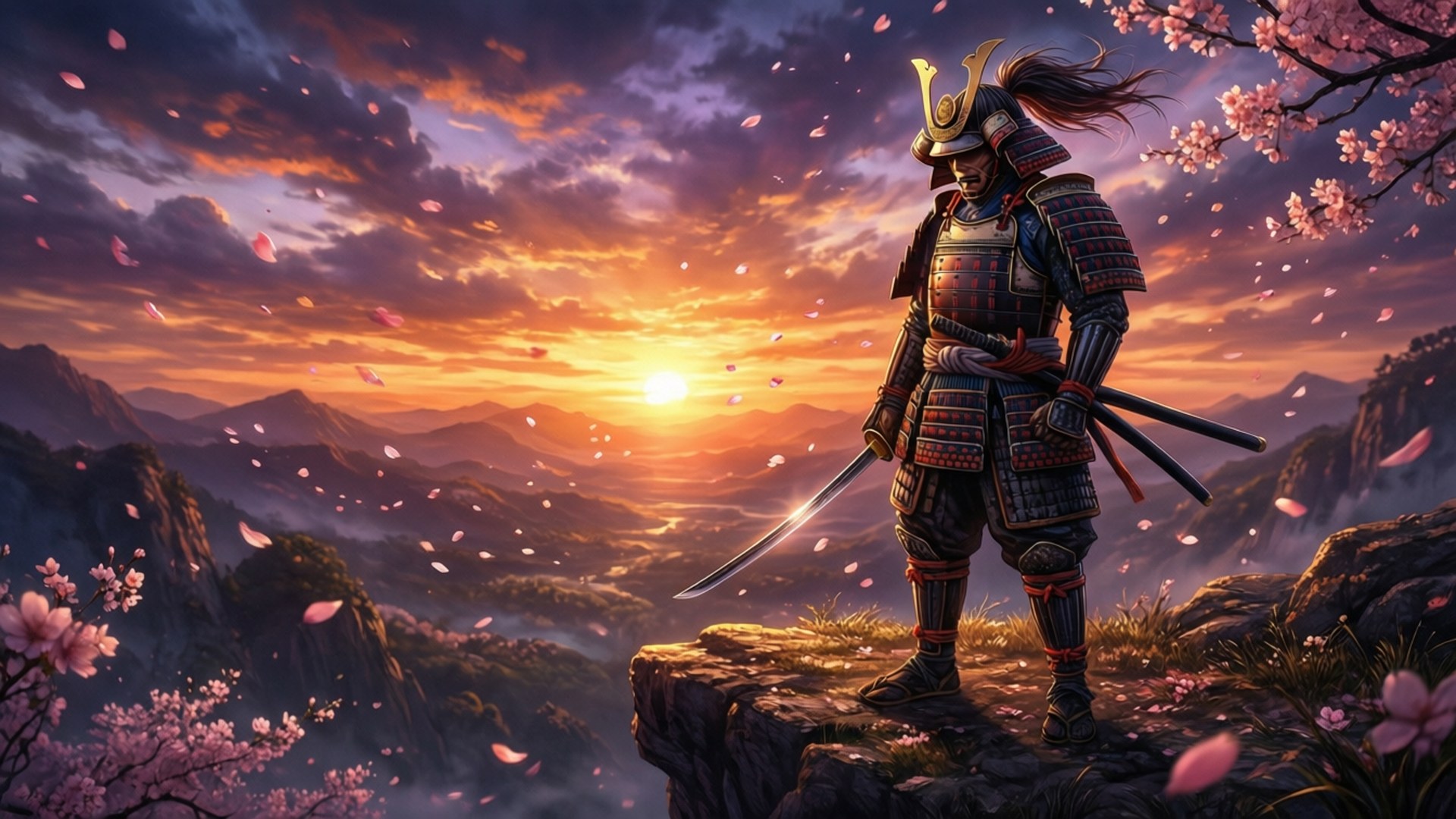 Mobile 4K Anime 桌布 壁紙 — 一位武士戰士站在懸崖頂上，夕陽西下，櫻花在 vibrant 的天空中飄舞，山巒在下方延伸。