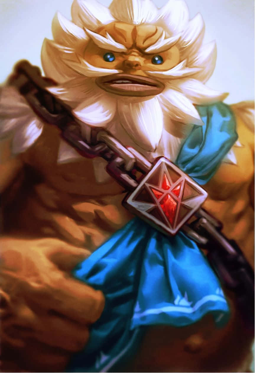 The Legend Of Zelda Daruk 桌布 壁紙 — 一位兇猛的動漫戰士，擁有白色尖刺頭髮和藍色眼睛，緊握著一條帶有發光紅色星星吊墜的沉重鎖鏈。