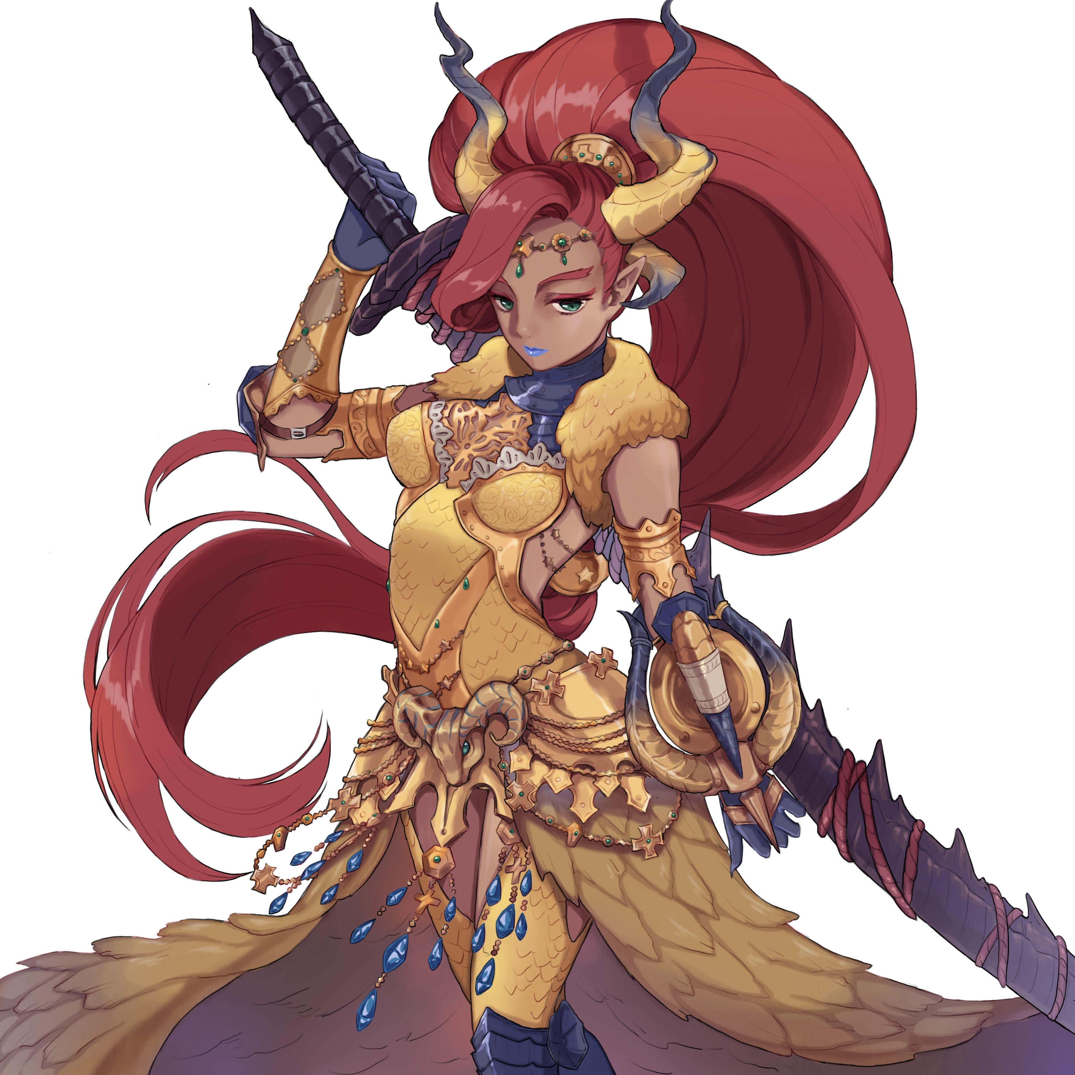 The Legend Of Zelda Urbosa 桌布 壁紙 — 一位兇猛的紅髮女惡魔戰士，身穿華麗金色鎧甲，在純白背景前揮舞著帶刺劍和盾牌。