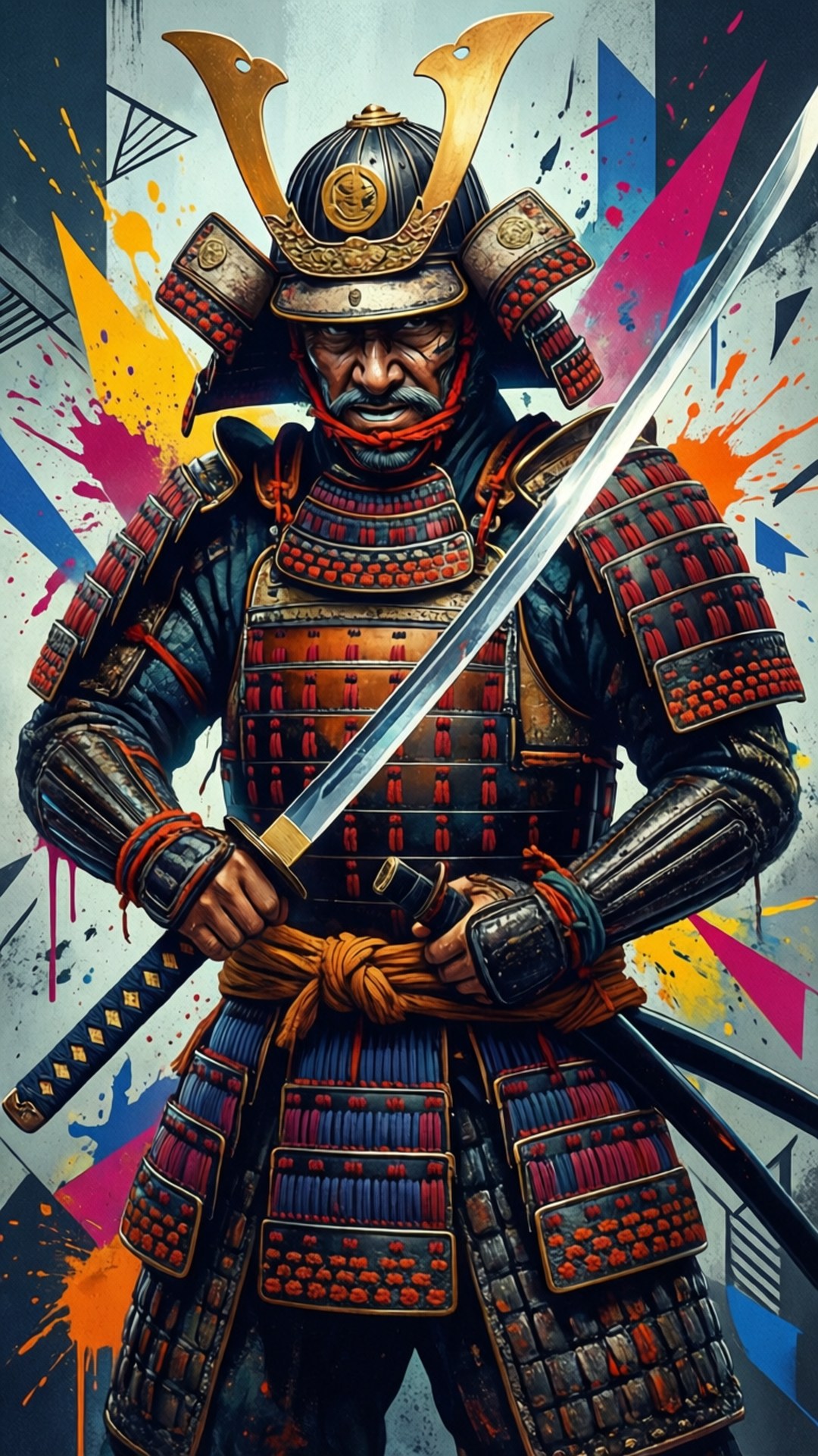 桌布 壁紙 — 一位兇猛的武士戰士身著華麗盔甲，在充滿活力的抽象潑濺背景中緊握閃亮的武士刀。