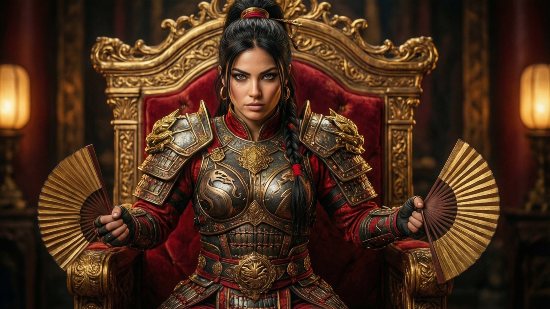 Mortal Kombat X 桌布 壁紙 — 一位兇猛的戰士女王，身穿華麗的紅色和金色盔甲，威嚴地坐在王座上，手持兩把扇子。
