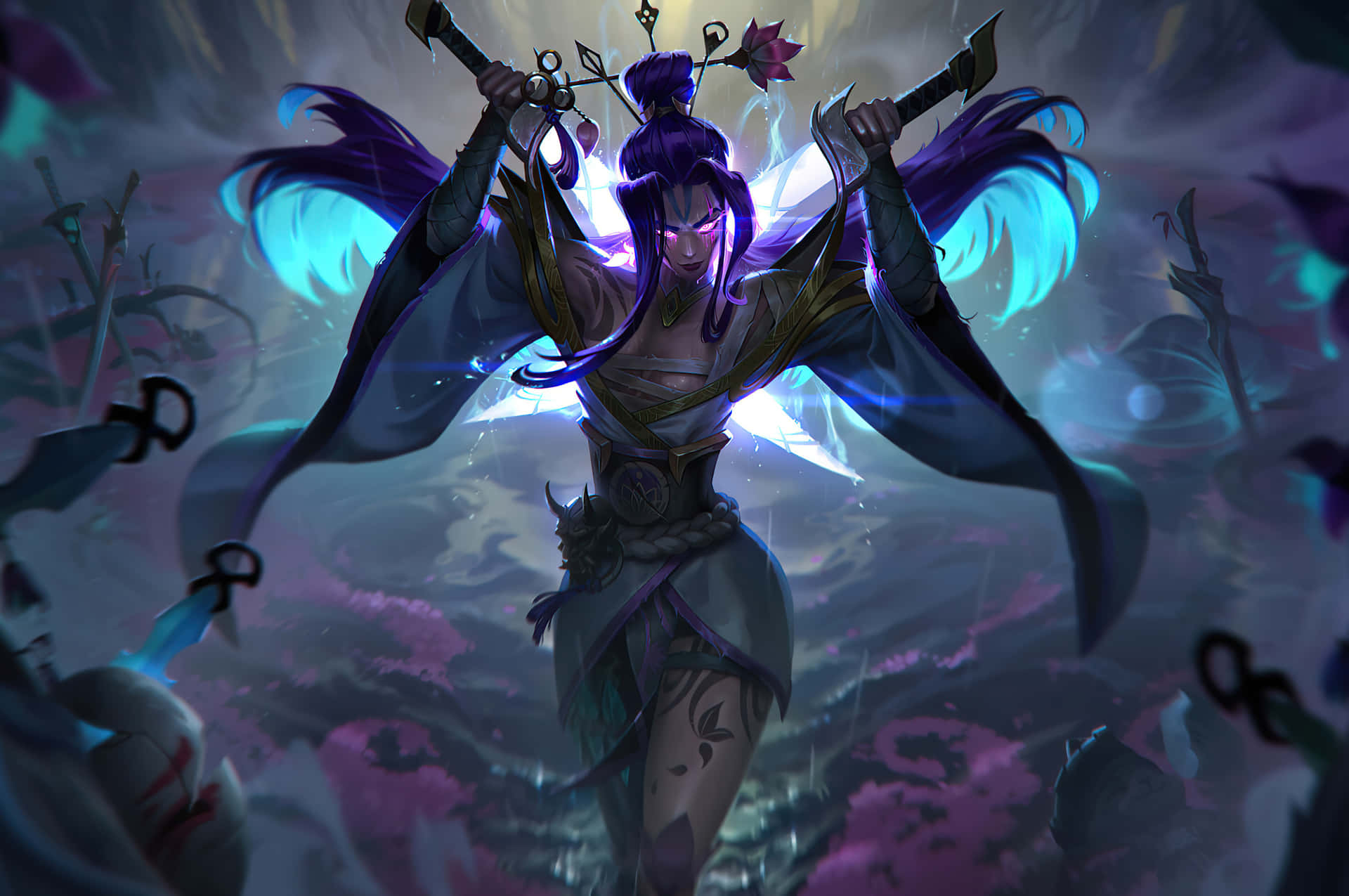 一位紫髮動漫戰士女神在神秘的黑暗戰鬥場景中揮舞雙劍。 — 英雄聯盟筆電 壁紙