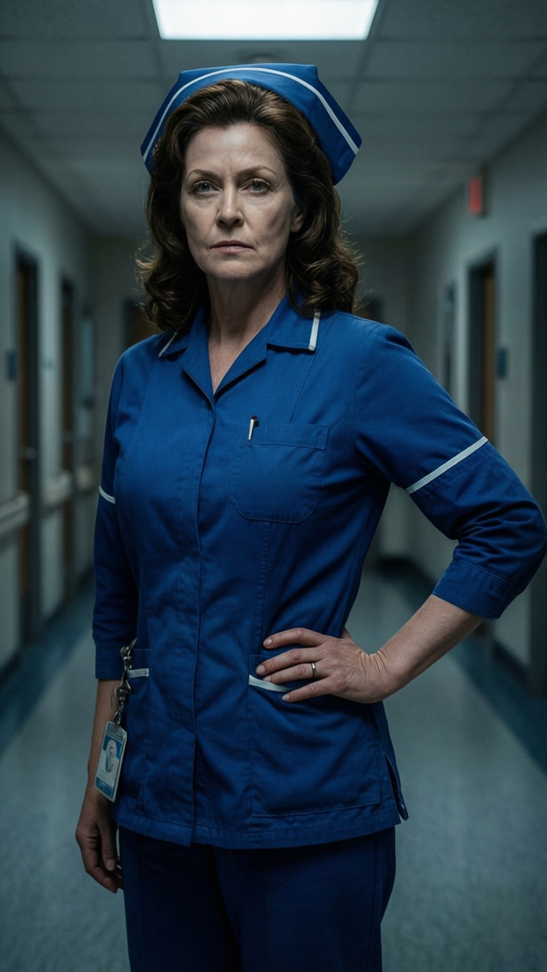 Confident Nurse Ratched 壁紙 — 一位嚴肅的護士穿著藍色手術衣和帽子，一手叉腰站在燈光昏暗的醫院走廊。