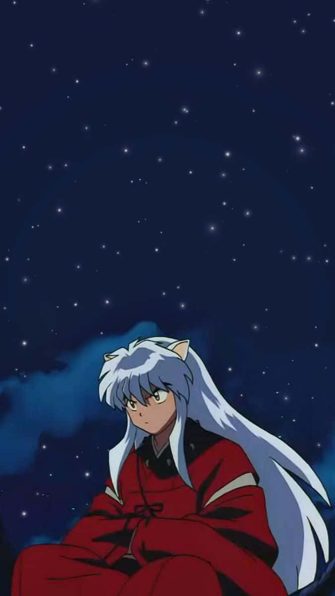 銀髮和紅色和服的動漫角色，在星空下。 — iPhone 11 壁紙