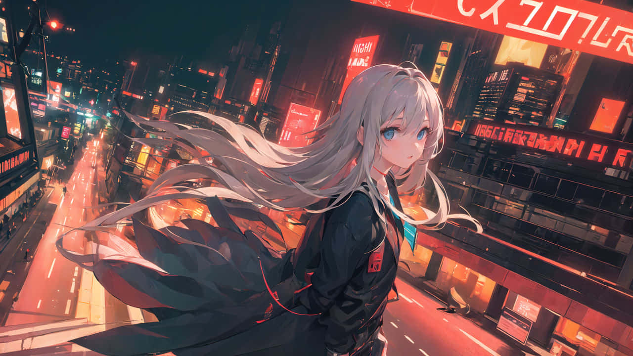  壁紙 — 一位銀髮動漫女孩站在夜晚霓虹燈閃爍的城市景觀之上，下方是發光的招牌和雨濕的街道。