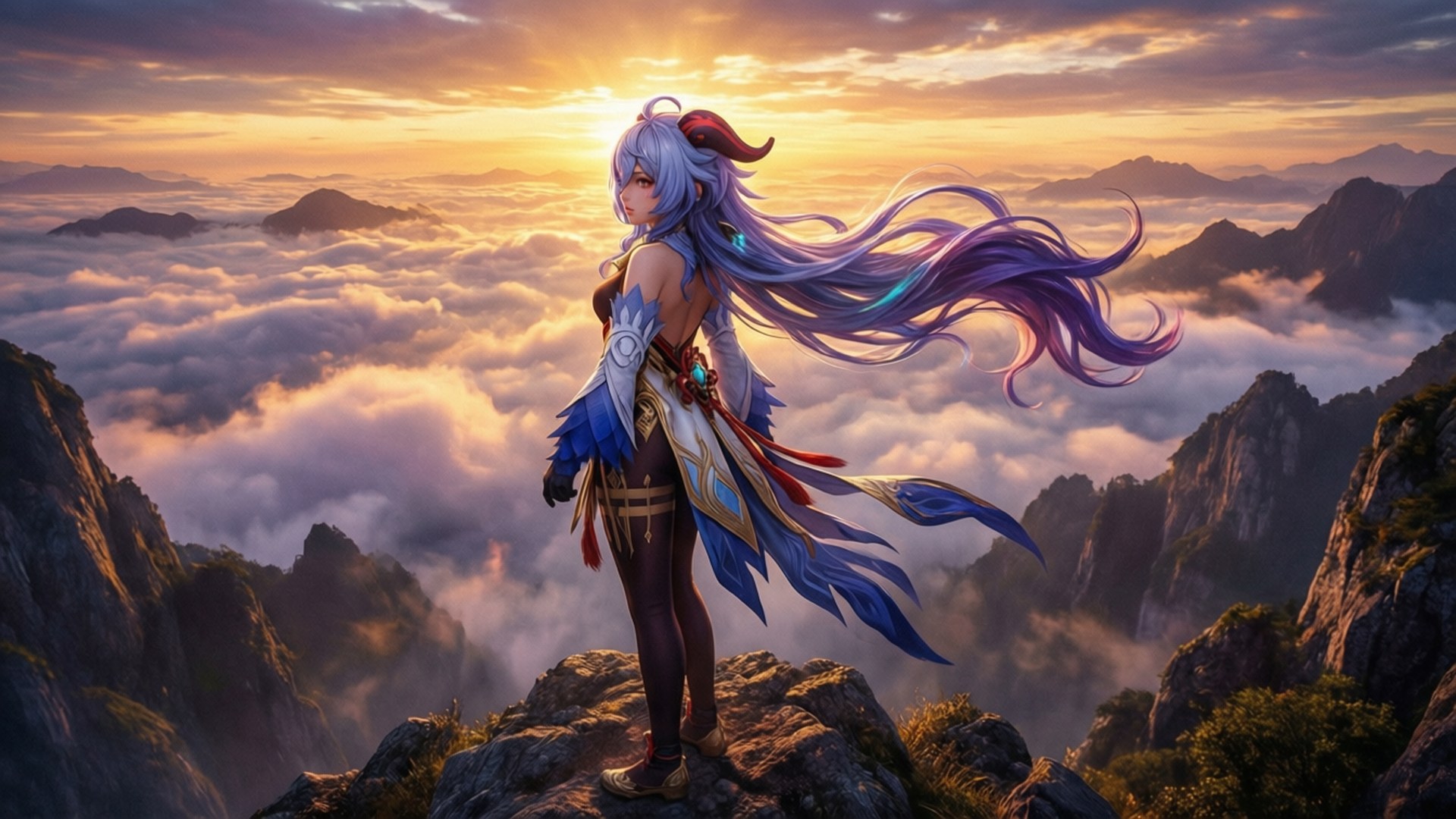 Mountain Summit Dawn 壁紙 — 一位銀髮動漫少女，飄逸的紫色頭髮，站在山頂上，在日出時俯瞰雲海。