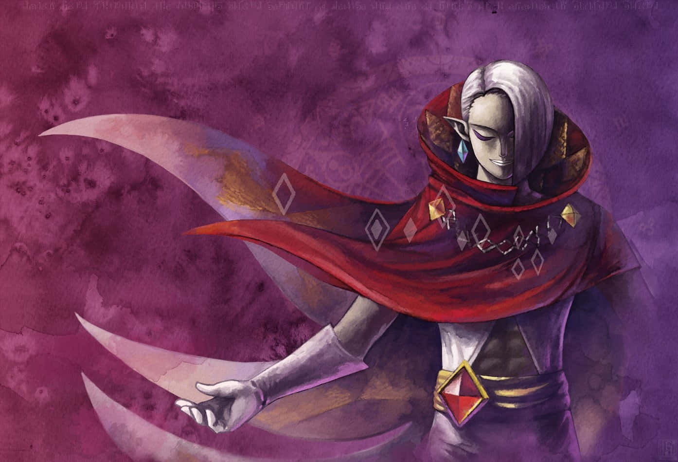The Legend Of Zelda Ghirahim 桌布 壁紙 — 一位銀髮精靈身穿紅色菱形圖案斗篷，在帶紋理的紫色背景上揮舞彎曲的刀刃。