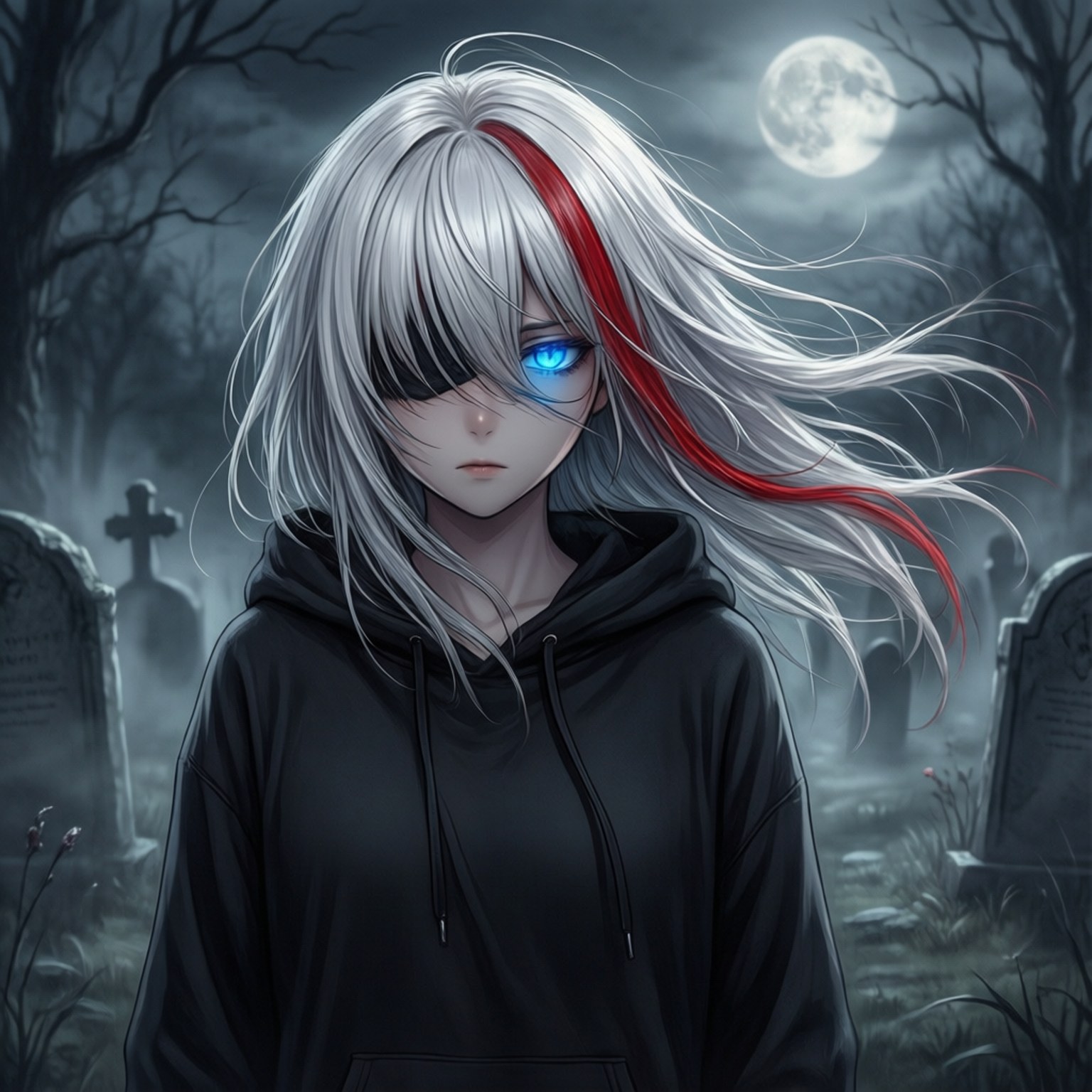 Ghost in the Night 壁紙 — 一位銀髮、藍色發光眼睛和紅色條紋的動漫女孩，站在滿月下的霧氣墓地中。