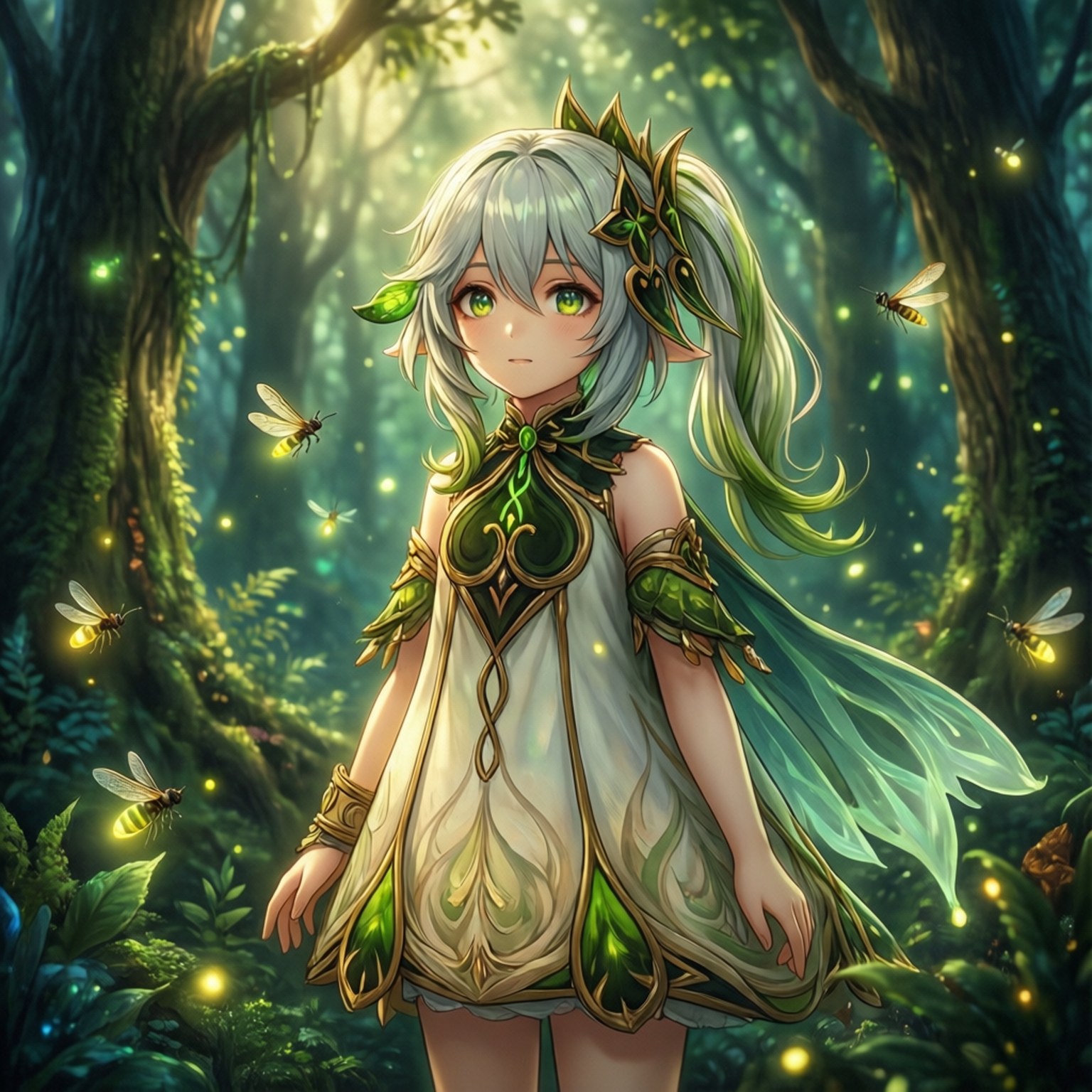 Chobits Freya 桌布 壁紙 — 一位銀髮綠眼的寧靜動漫女孩站在一個閃爍著螢火蟲和斑駁陽光的神秘森林中。