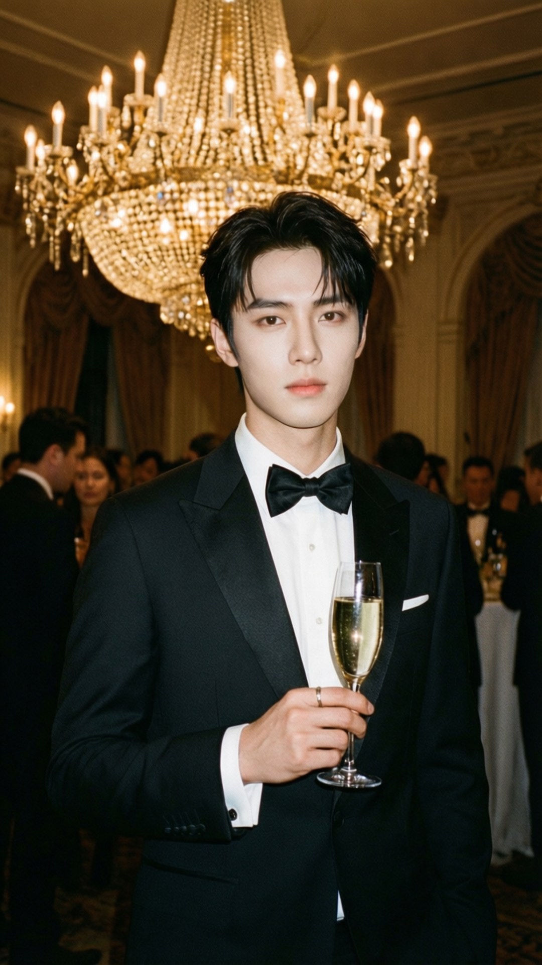 Gala Evening 壁紙 — 一位英俊男士身穿黑色燕尾服，在華麗宴會廳的華麗吊燈下手持香檳杯。