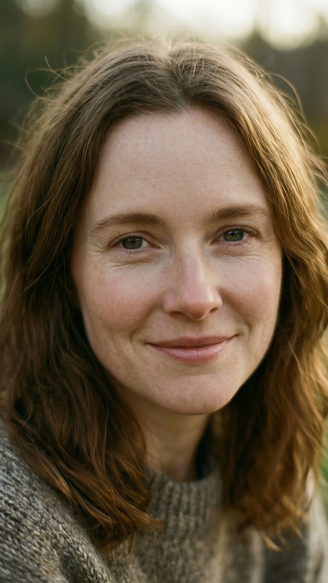 Genevieve Buechner 桌布 壁紙 — 一位擁有波浪棕色長髮的女性，穿著質感灰色毛衣，在戶外溫柔微笑。