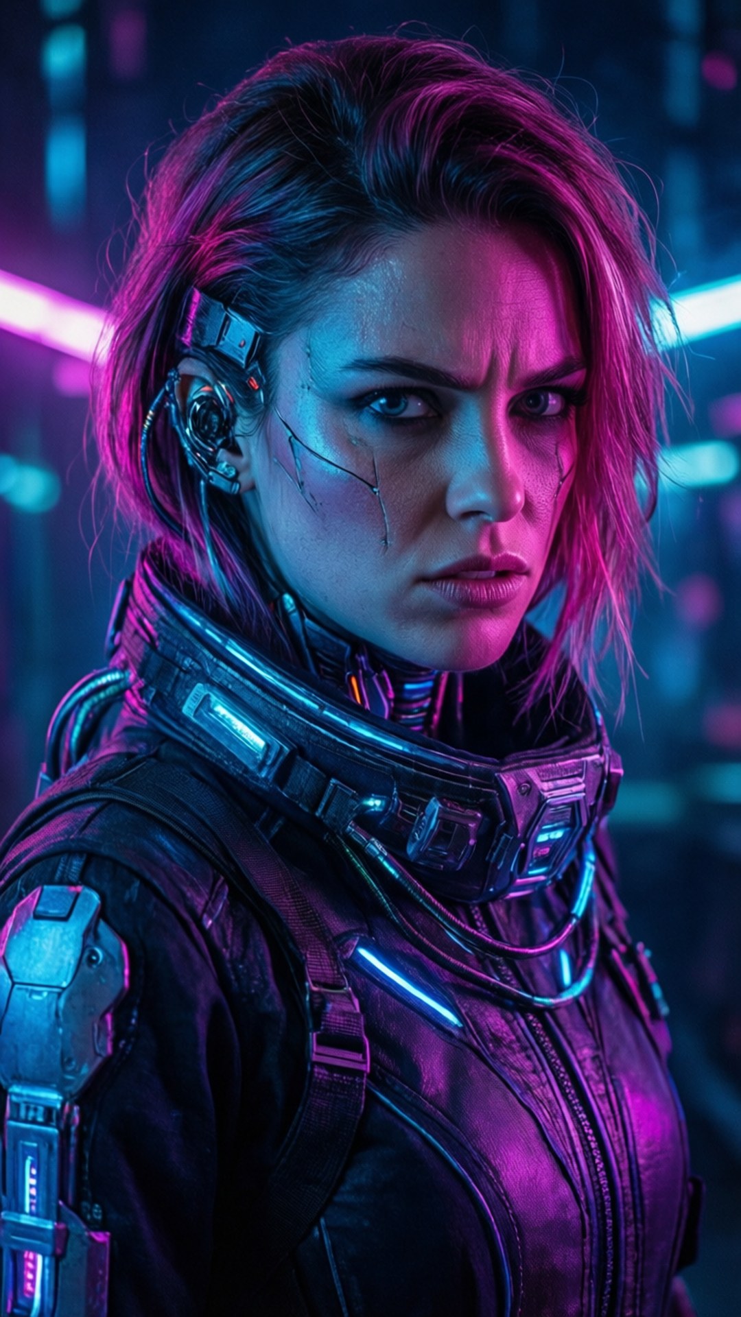 Cyberpunk Future Grace 壁紙 — 一位擁有發光義體植入物的賽博龐克女性，在霓虹粉紅和藍色燈光下強烈凝視。