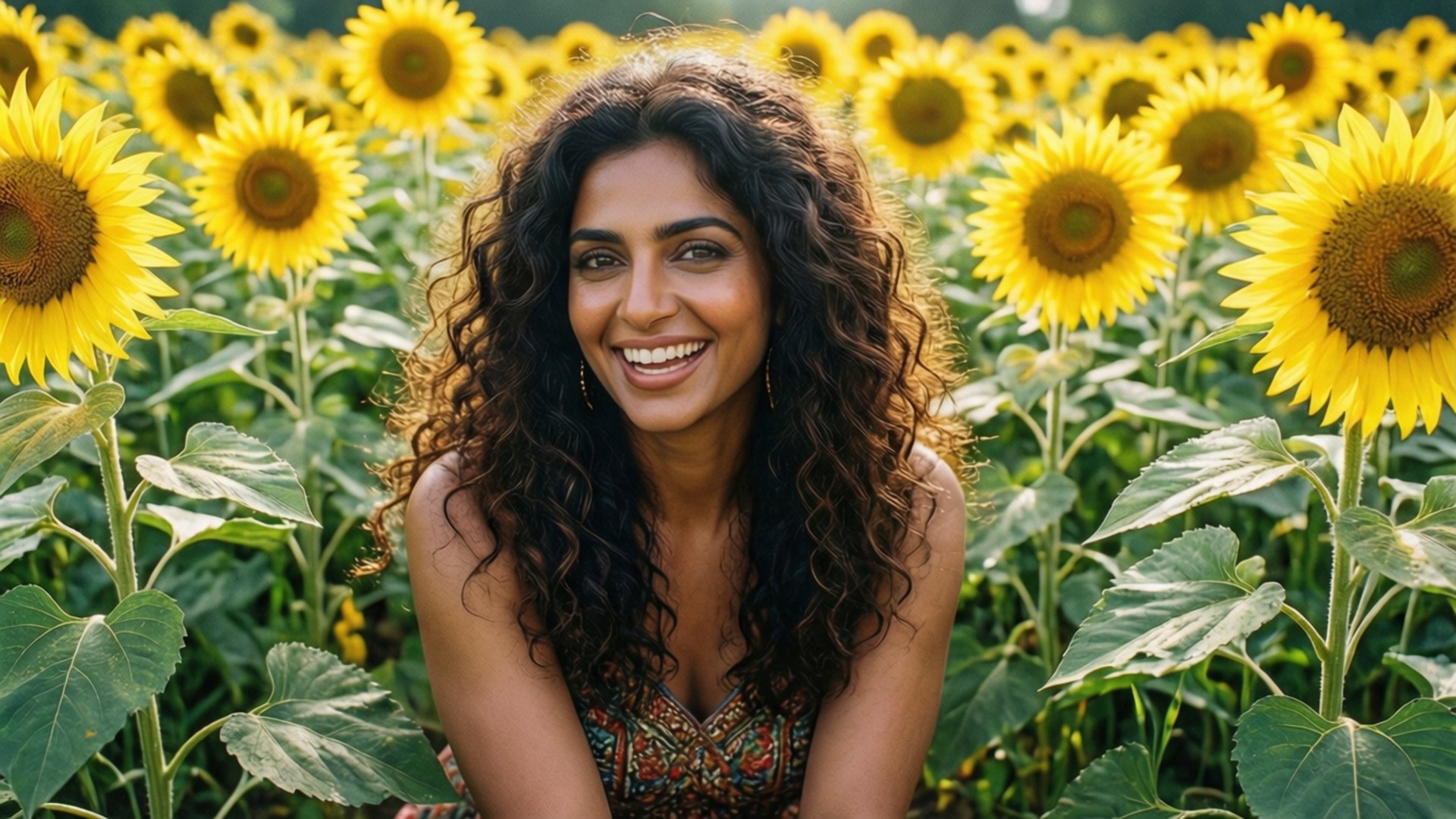 Sunflower Field Smile 壁紙 — 一位擁有捲曲深色頭髮的容光煥發的女性，在明媚陽光下，於一片生機勃勃的高大向日葵田中快樂地微笑。
