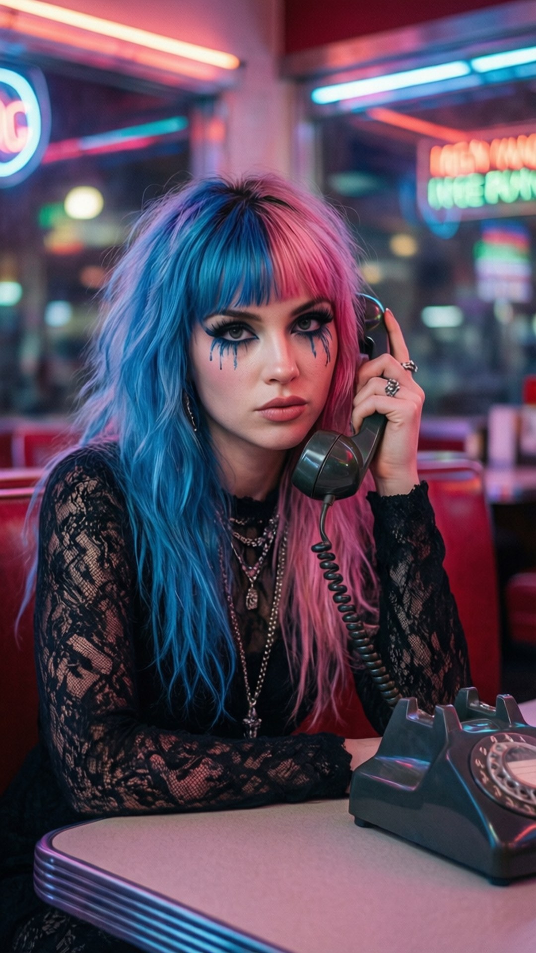 Neon Diner Call 壁紙 — 一位擁有藍色和粉色頭髮及淚痕妝容的女性，在霓虹燈點亮的餐廳卡座中拿著一部復古電話。