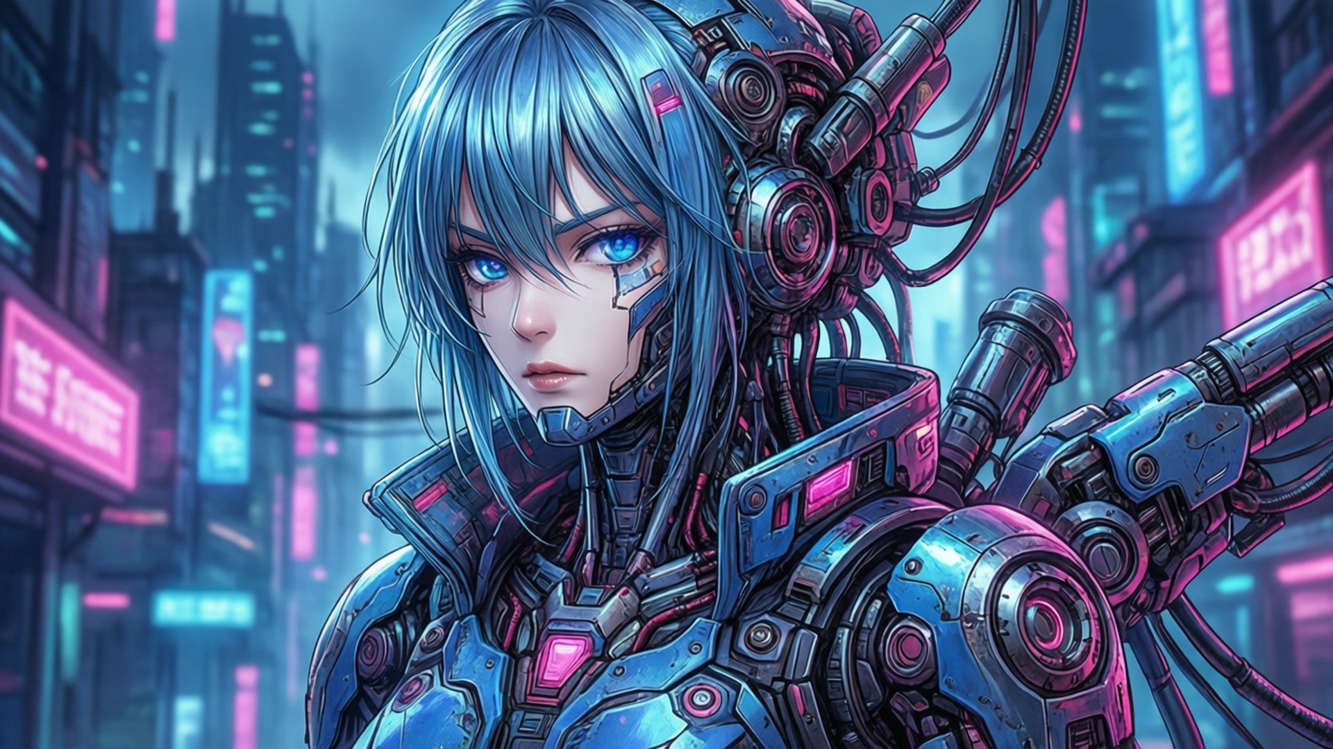 Cyborg Cyberpunk City 壁紙 — 一位擁有藍色頭髮和發光眼睛的機械戰士站在霓虹燈照亮的未來城市景觀中。