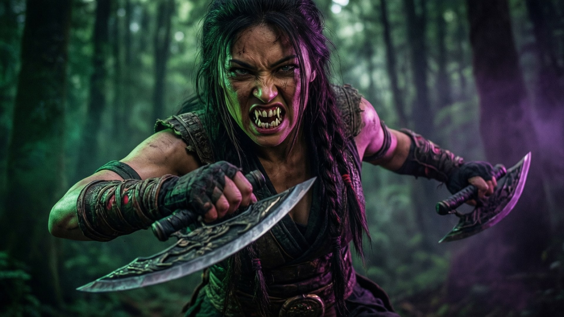 Mortal Kombat X 桌布 壁紙 — 一位擁有獠牙的兇猛女戰士，在迷霧籠罩的綠色森林中揮舞雙刃咆哮。