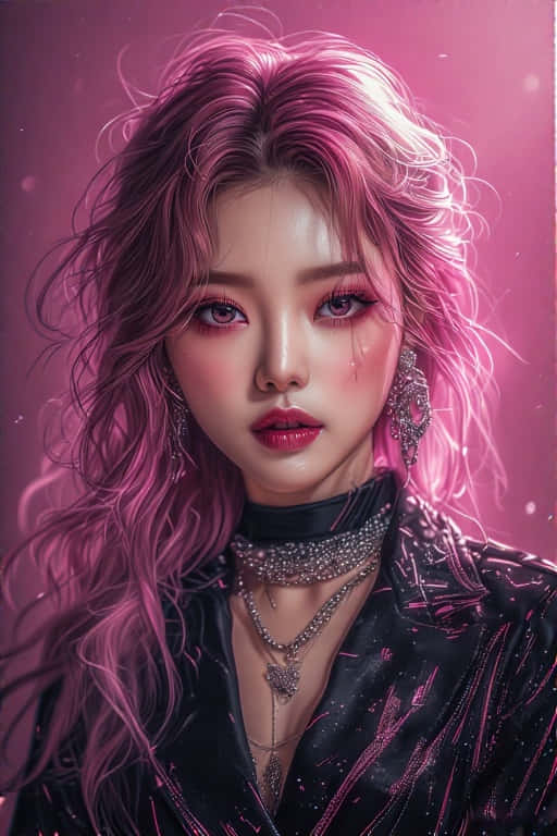 一位粉紅頭髮和誇張妝容的女性，佩戴多層珠寶和黑色服裝。 — Blackpink 壁紙