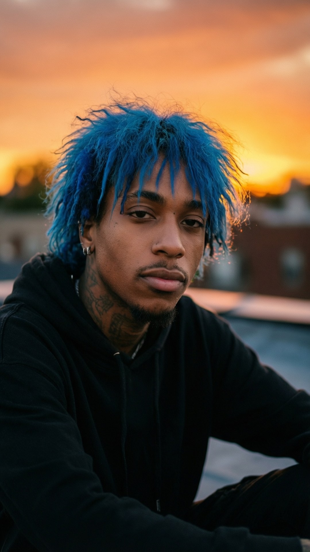 藍髮年輕男子在日落時坐在屋頂上 — Xxxtentacion 壁紙