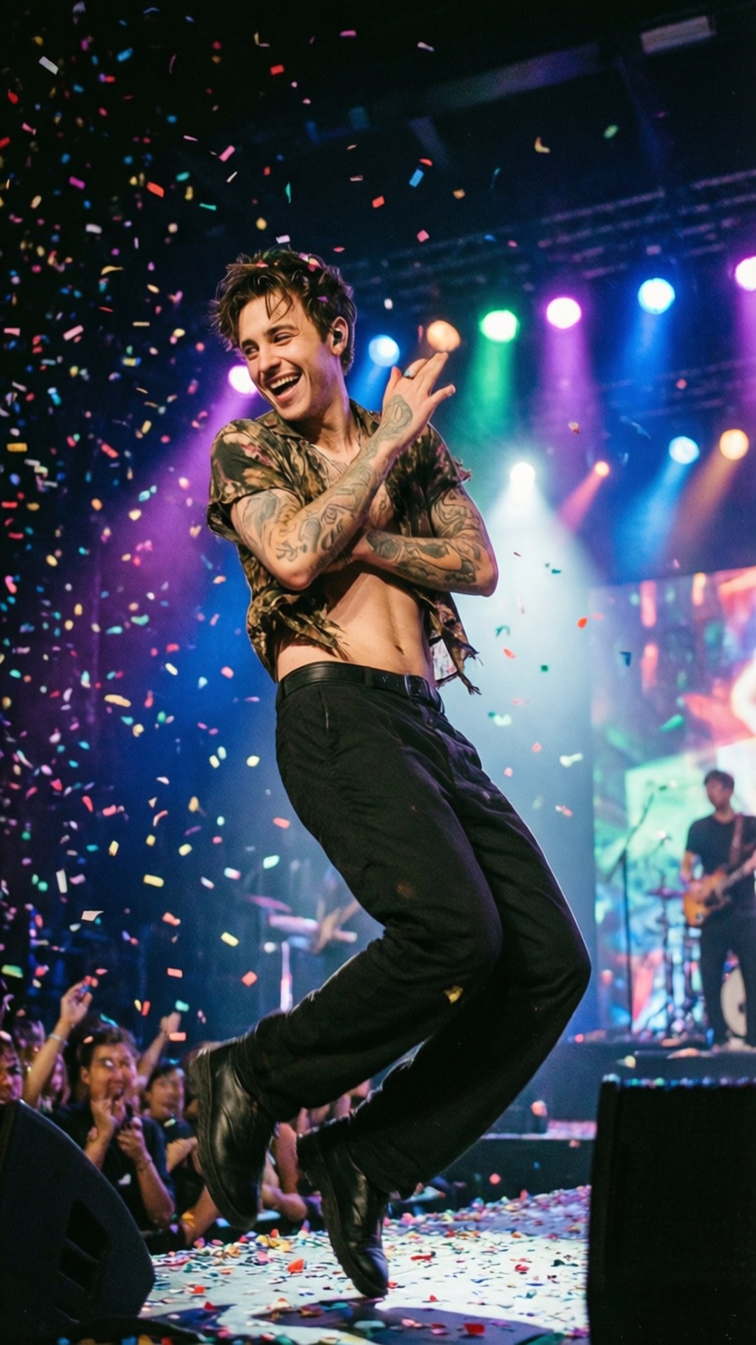 Dancing Under Confetti 壁紙 — 一位有刺青的男表演者在充滿活力的舞台燈光下，彩色紙屑如雨般灑落，他歡快地跳躍在舞台上。
