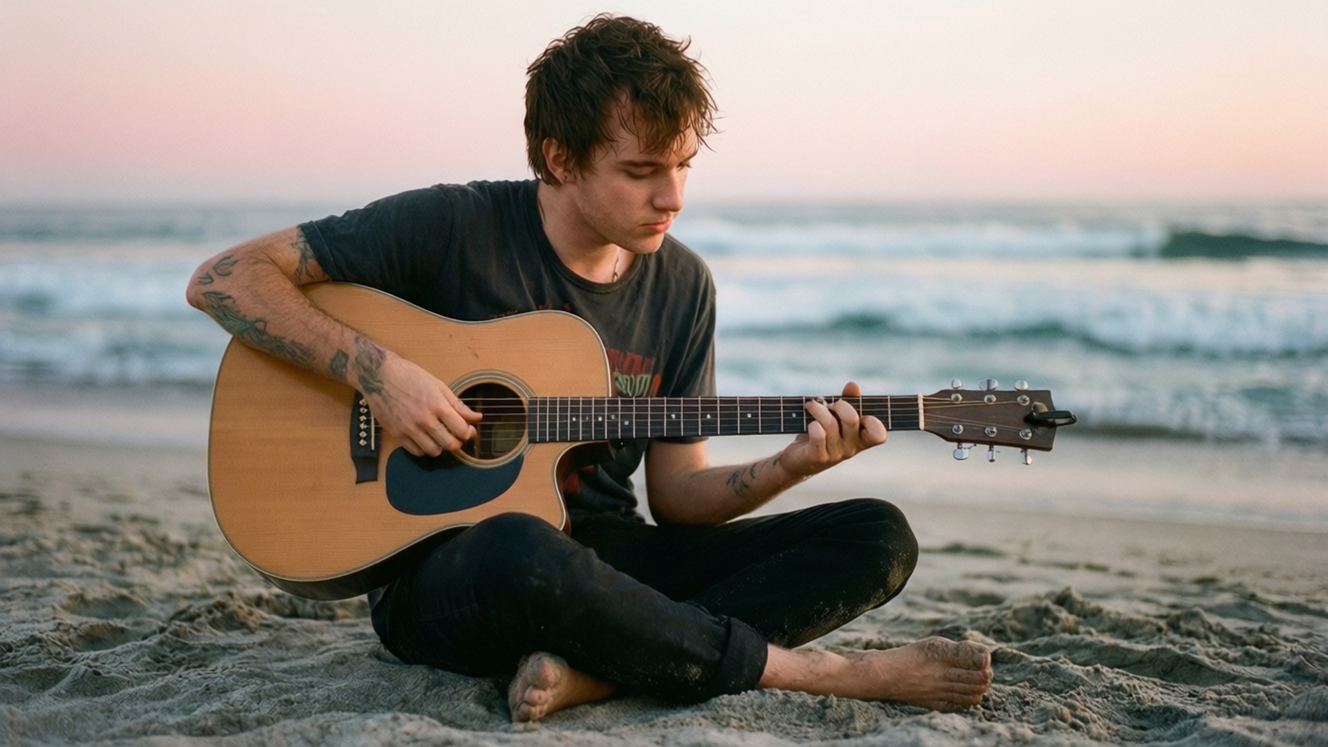 Beach Sunrise Acoustic 壁紙 — 一位有刺青的年輕男子盤腿坐在沙灘上，在日落時分海浪拍打岸邊時彈奏木吉他。