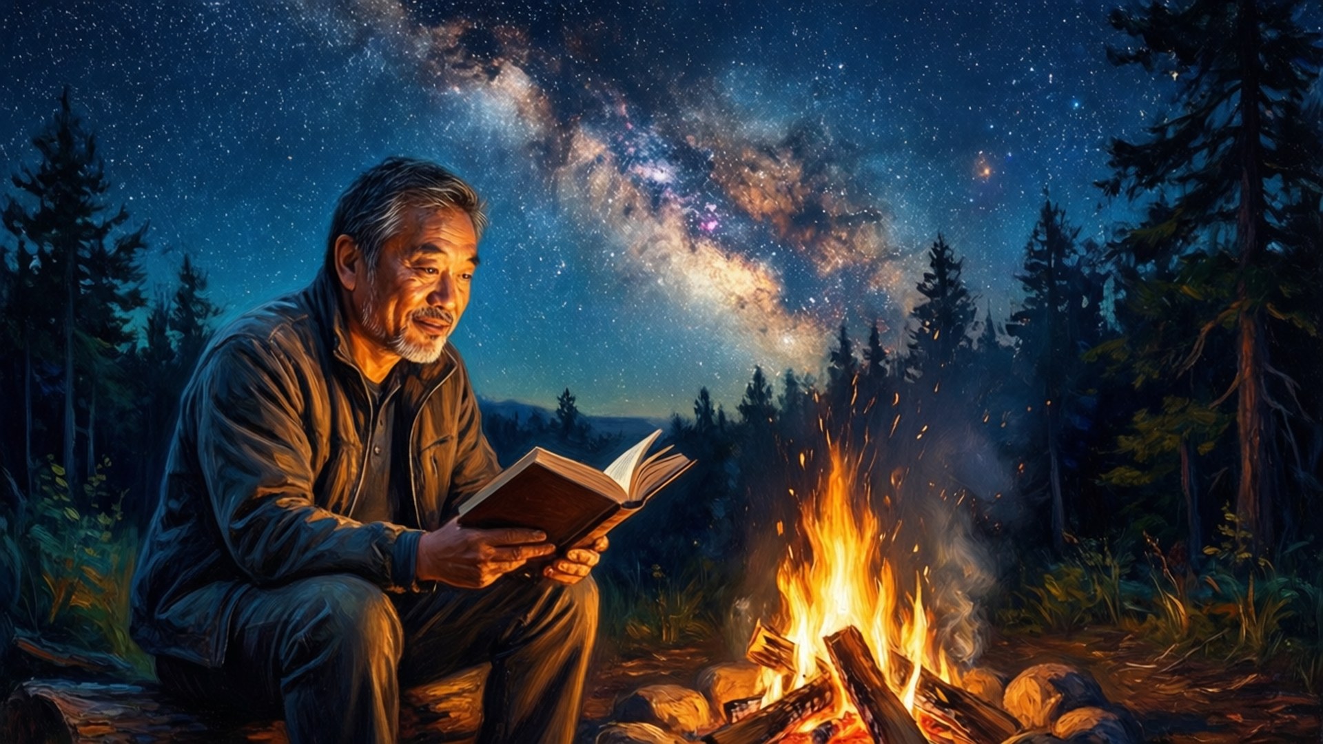 David Suzuki 桌布 壁紙 — 一位長者在營火旁看書，頭上是繁星點點的夜空，銀河拱起。