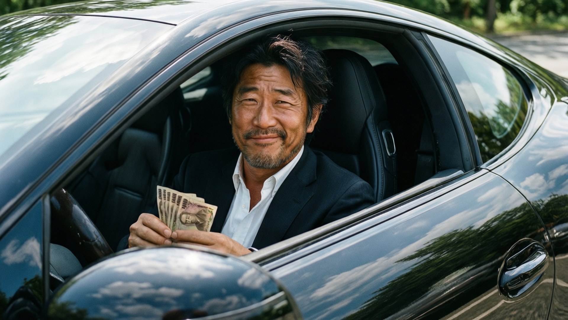 Luxury Ride 壁紙 — 一位中年男子帶著滿意的微笑坐在時尚的黑色汽車裡，手持日元紙幣。