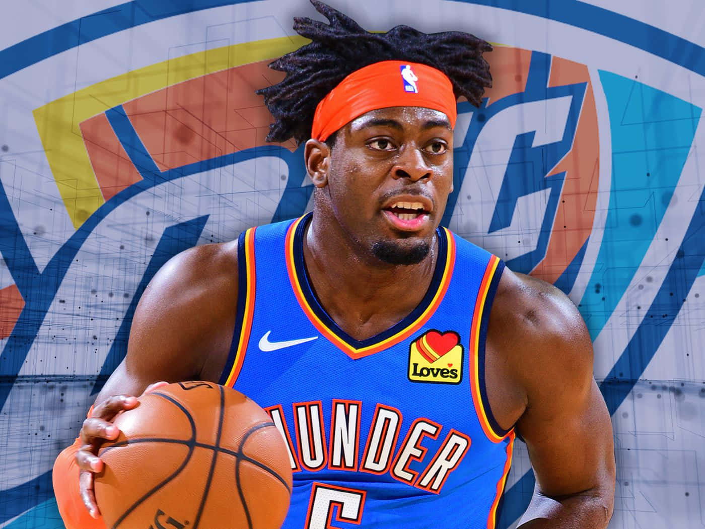 奧克拉荷馬城雷霆籃球運動員身穿球隊球衣持球。 — NBA 壁紙
