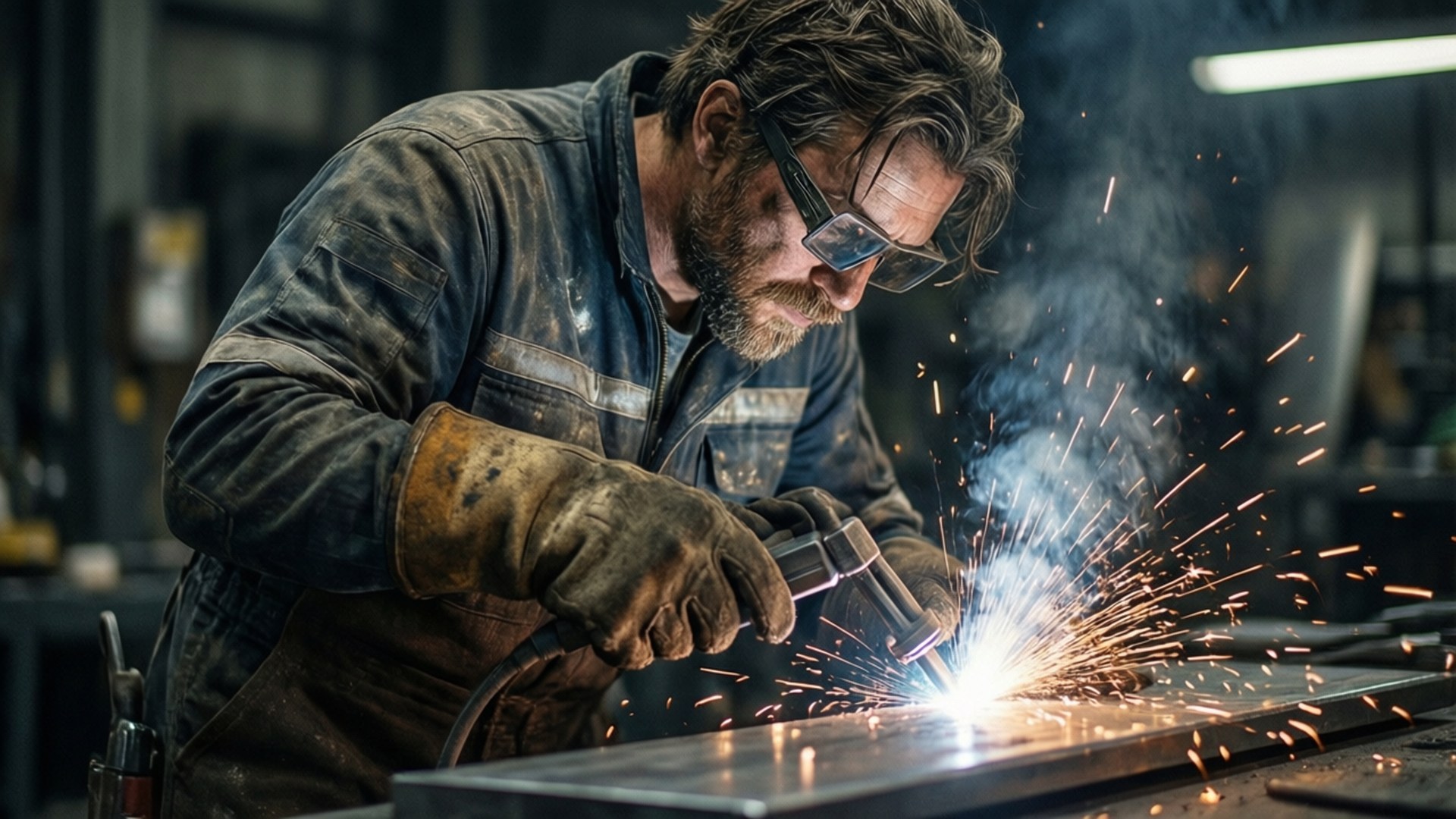 Isaac the Engineer 壁紙 — 一位專注的焊工穿著防護裝備，在昏暗的工業車間中焊接金屬時強烈地迸發火花。