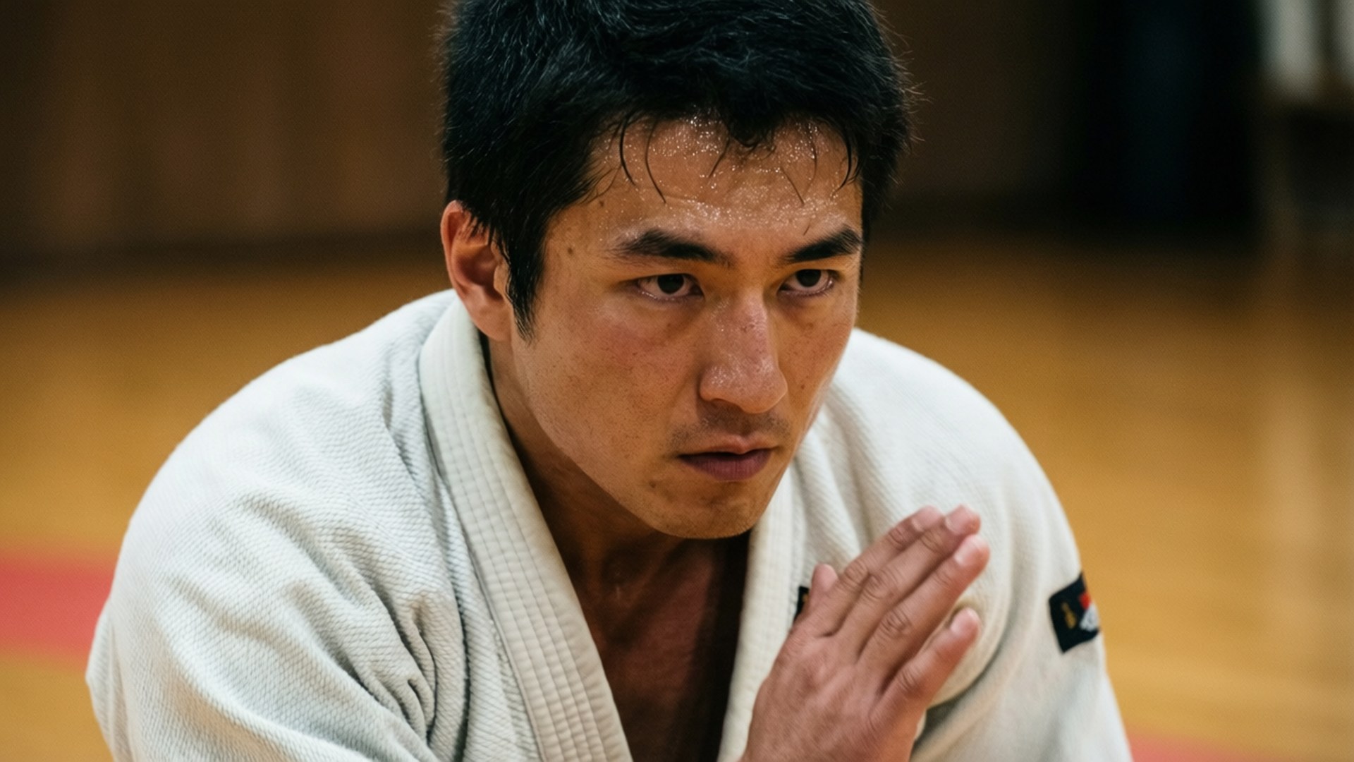 Training Focus 壁紙 — 一位專注的男性柔道運動員穿著白色柔道服，在木製道場地板上雙手合十，靜心集中。