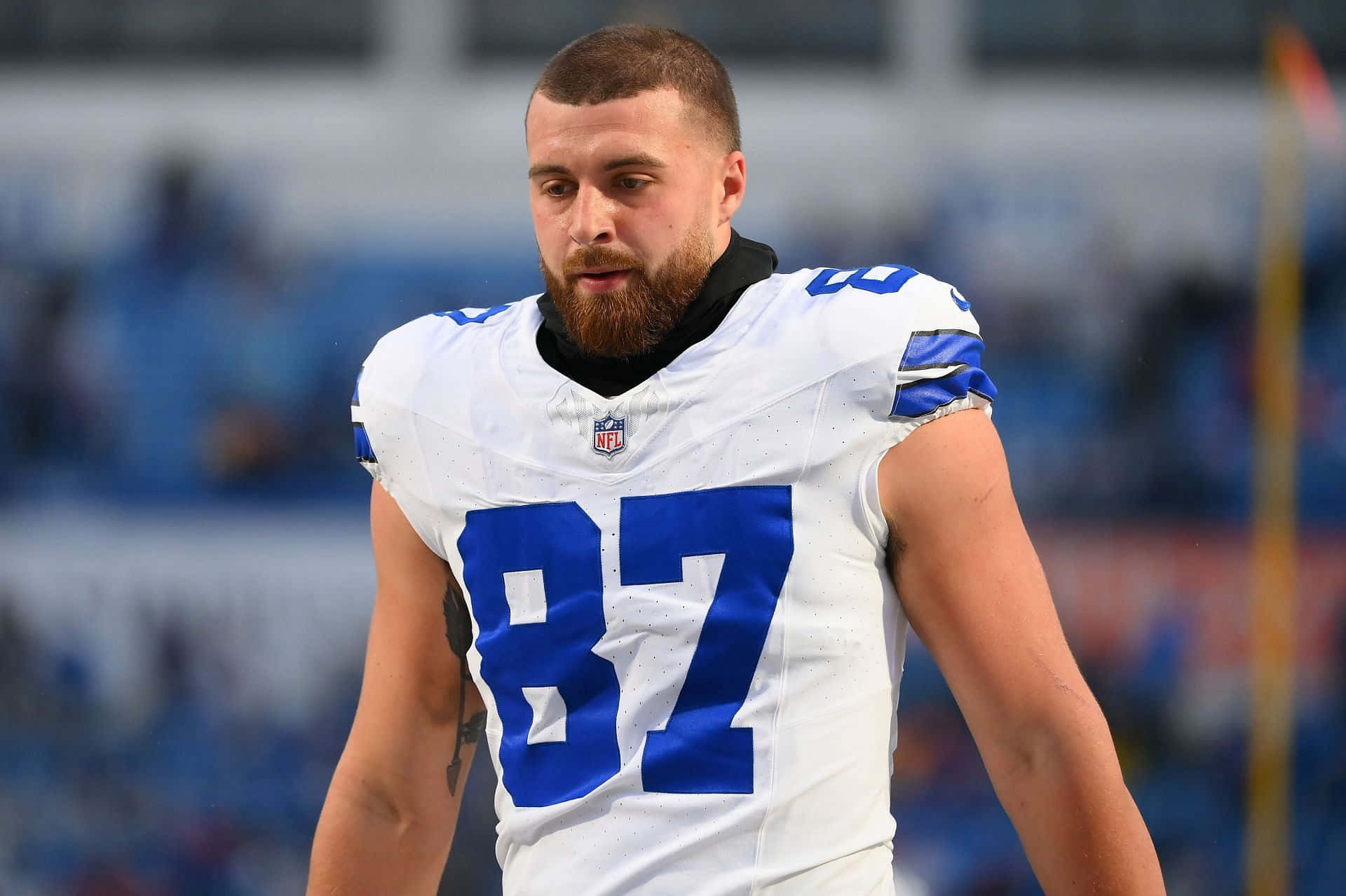  壁紙 — 一位專注的NFL美式足球運動員留著鬍鬚，在體育場上穿著帶有藍色87號的白色球衣。
