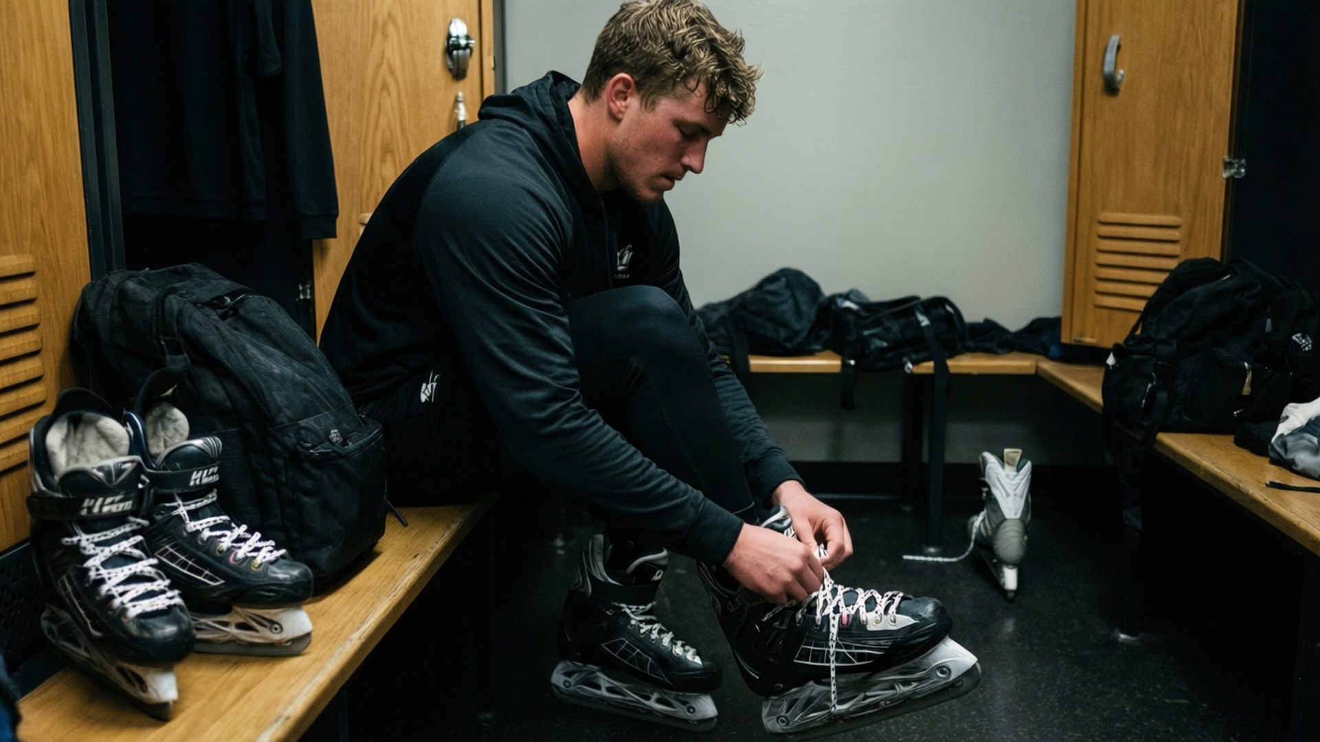 Pre-Game Preparation 壁紙 — 一位專注的曲棍球運動員在昏暗的更衣室裡，被裝備包圍著繫緊溜冰鞋。