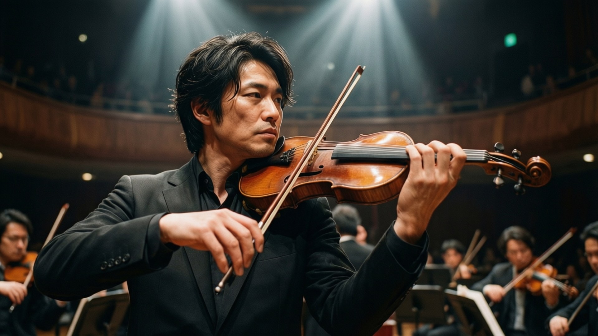 Violin Virtuoso 壁紙 — 一位專注的小提琴家穿著黑色西裝，在宏偉的音樂廳中，在明亮的舞台燈光下熱情演奏。
