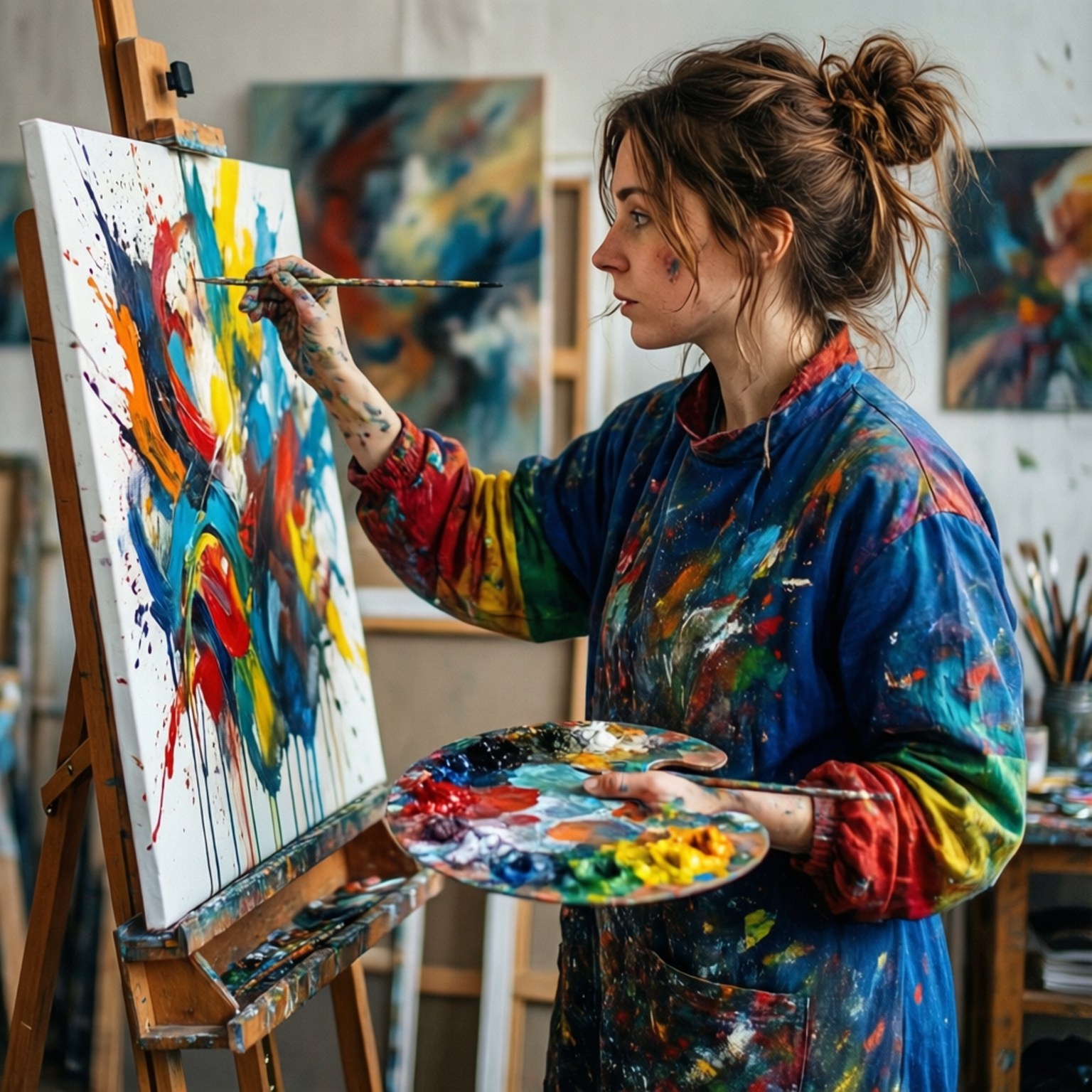 Little Artist 壁紙 — 一位專注的藝術家穿著沾滿顏料的罩衫，在充滿色彩繽紛畫作的工作室中，在畫布上創作充滿活力的抽象藝術。