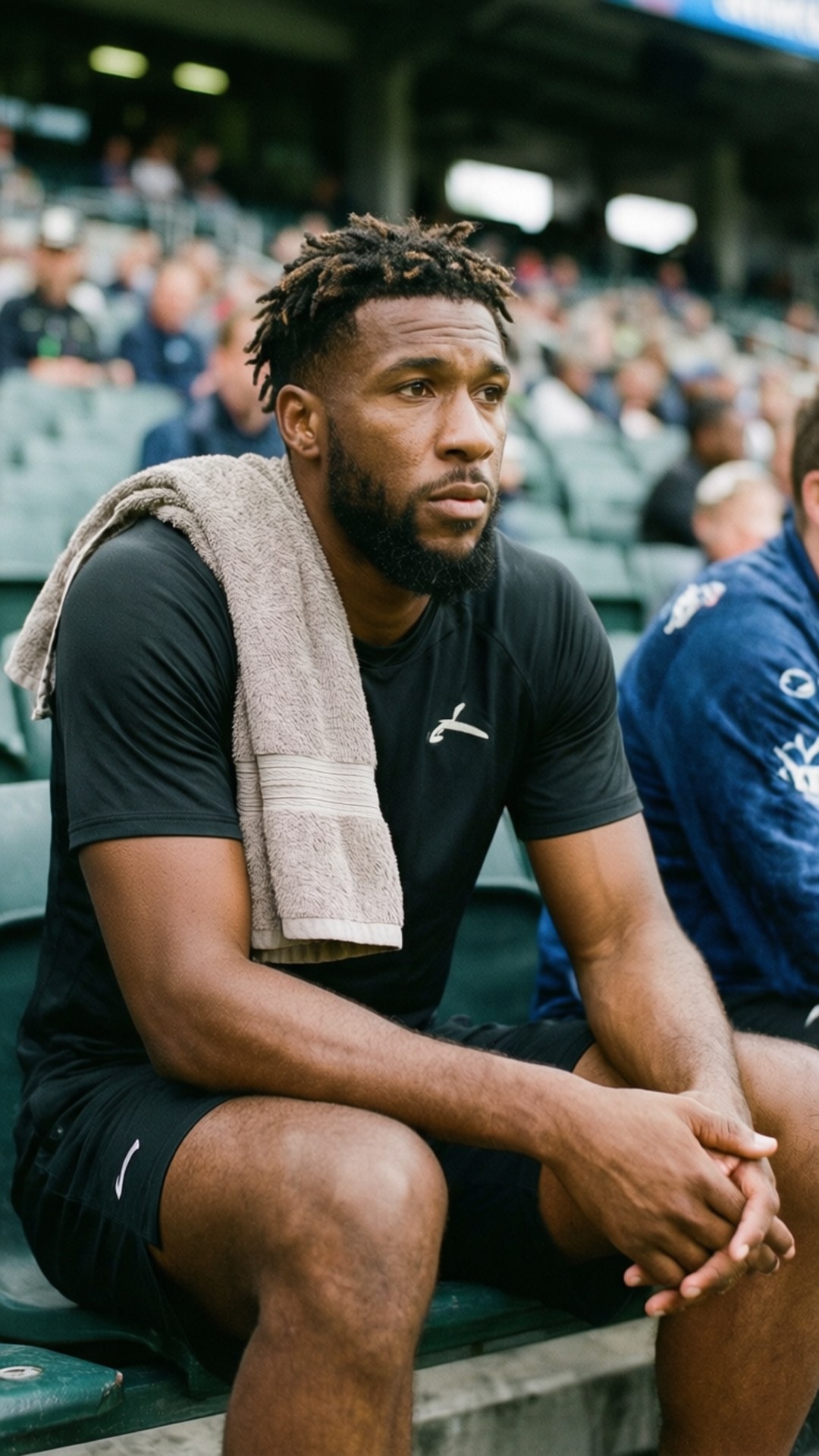 Matthew Judon 桌布 壁紙 — 一位專注的運動員留著辮子，穿著黑色裝備，肩上搭著毛巾坐在長凳上。