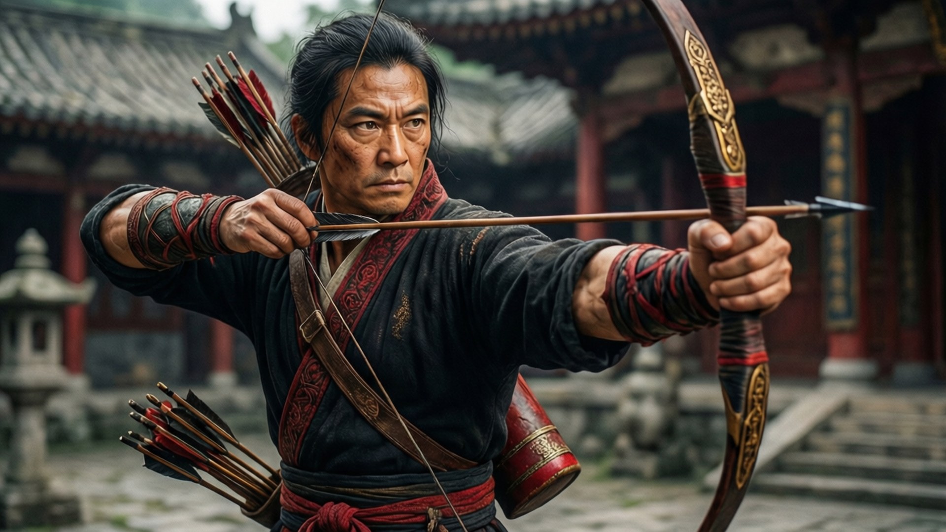 Mortal Kombat X 桌布 壁紙 — 一位專注的戰士穿著傳統長袍，在寺廟庭院中拉開裝飾弓，箭矢放在身旁。