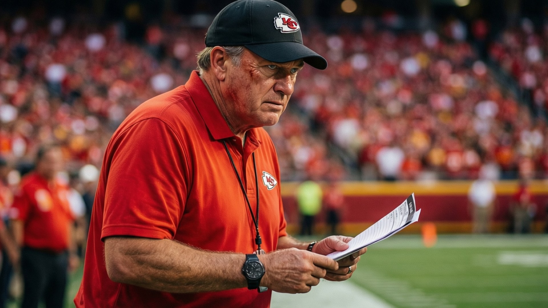 Andy Reid 桌布 壁紙 — 一位專注的足球教練身穿紅色制服和帽子，在陽光明媚的球場上研究比賽計劃，身後是模糊的體育場人群。