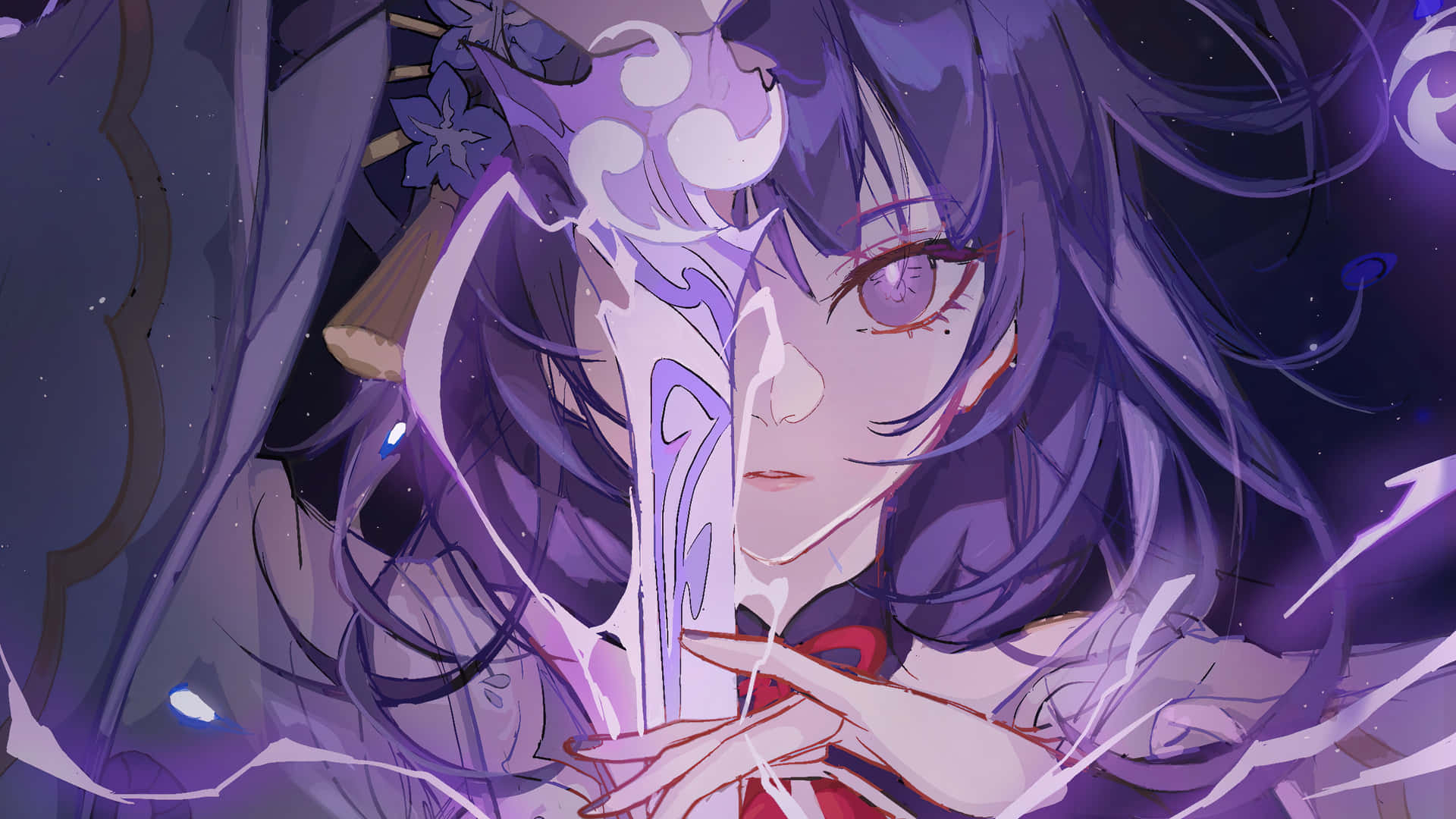 紫髮、眼睛發光的動漫女孩，在星空虛空中手持一把魔法劍。 — 原神 壁紙