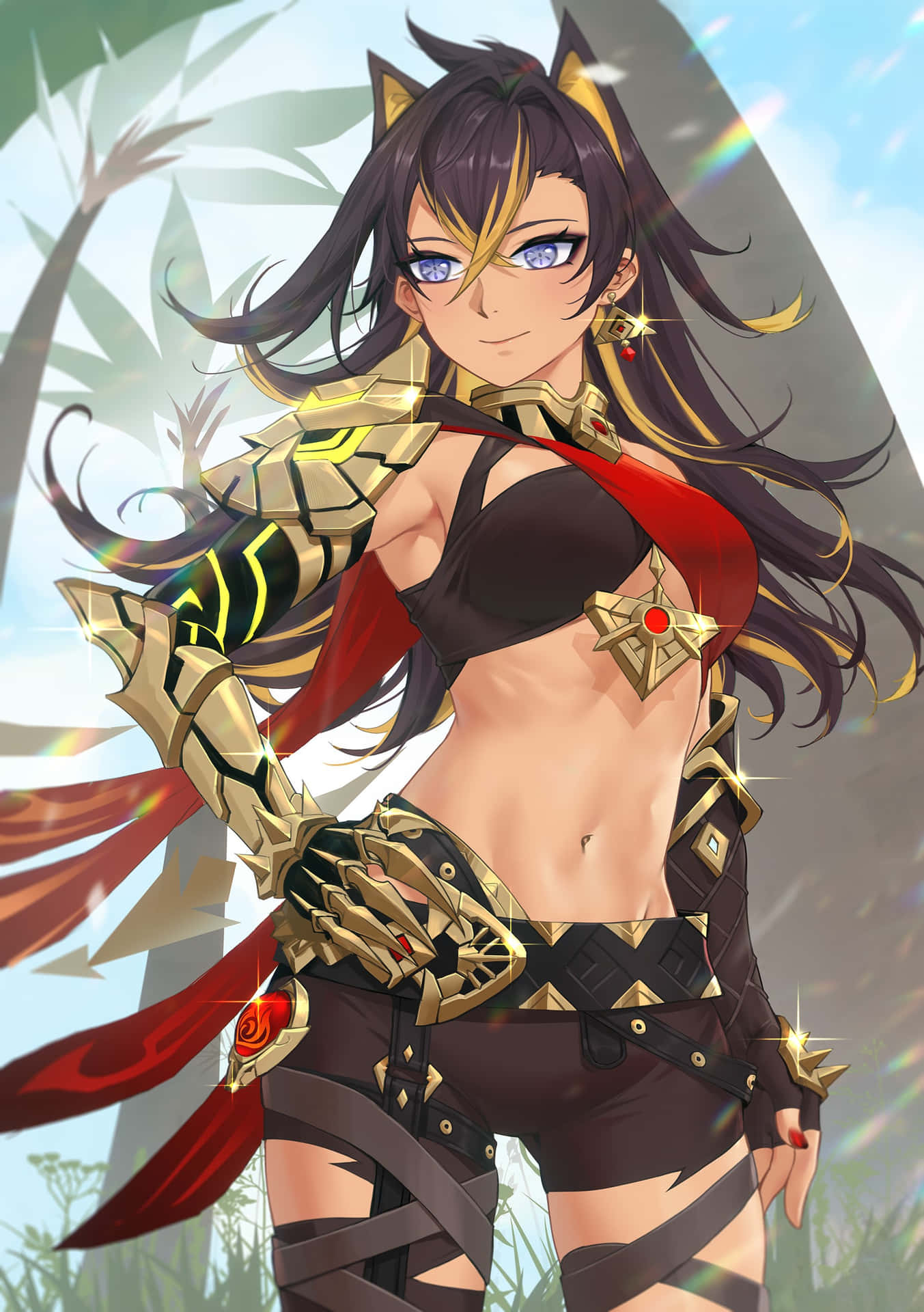  壁紙 — 一位自信的動漫女戰士，擁有貓耳和金色盔甲，站在明亮的天空下，周圍是發光的樹葉。