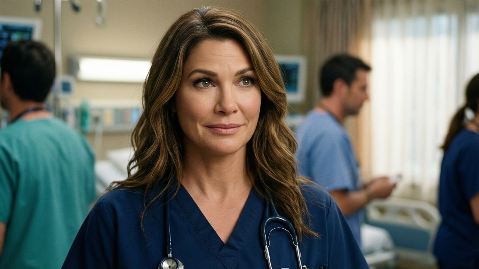 Izzie Stevens Doctor 壁紙 — 一位自信的女醫生穿著海軍藍色的手術衣，掛著聽診器，在繁忙的醫院走廊中輕柔微笑。