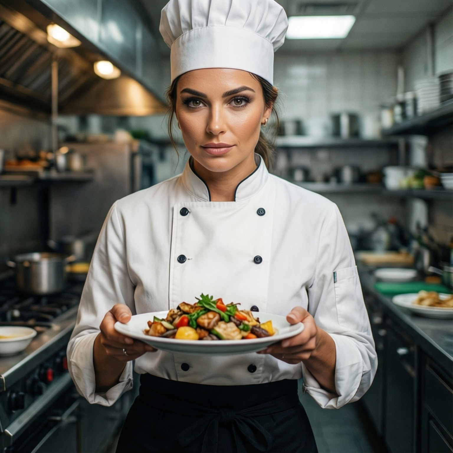 Monica the Chef 壁紙 — 一位自信的女廚師穿著白色制服，在專業廚房裡展示色彩繽紛的炒菜。