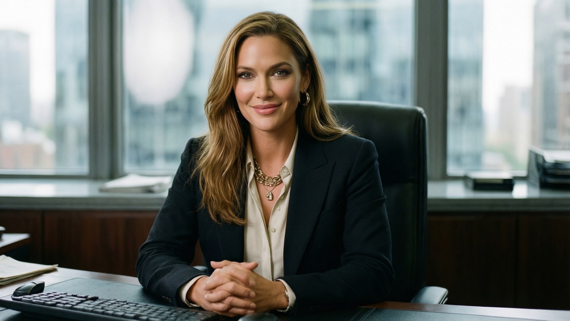 Boss Lady 壁紙 — 一位自信的女性，身穿黑色西裝外套和米白色襯衫，坐在一個有城市景觀的現代辦公室的桌前。