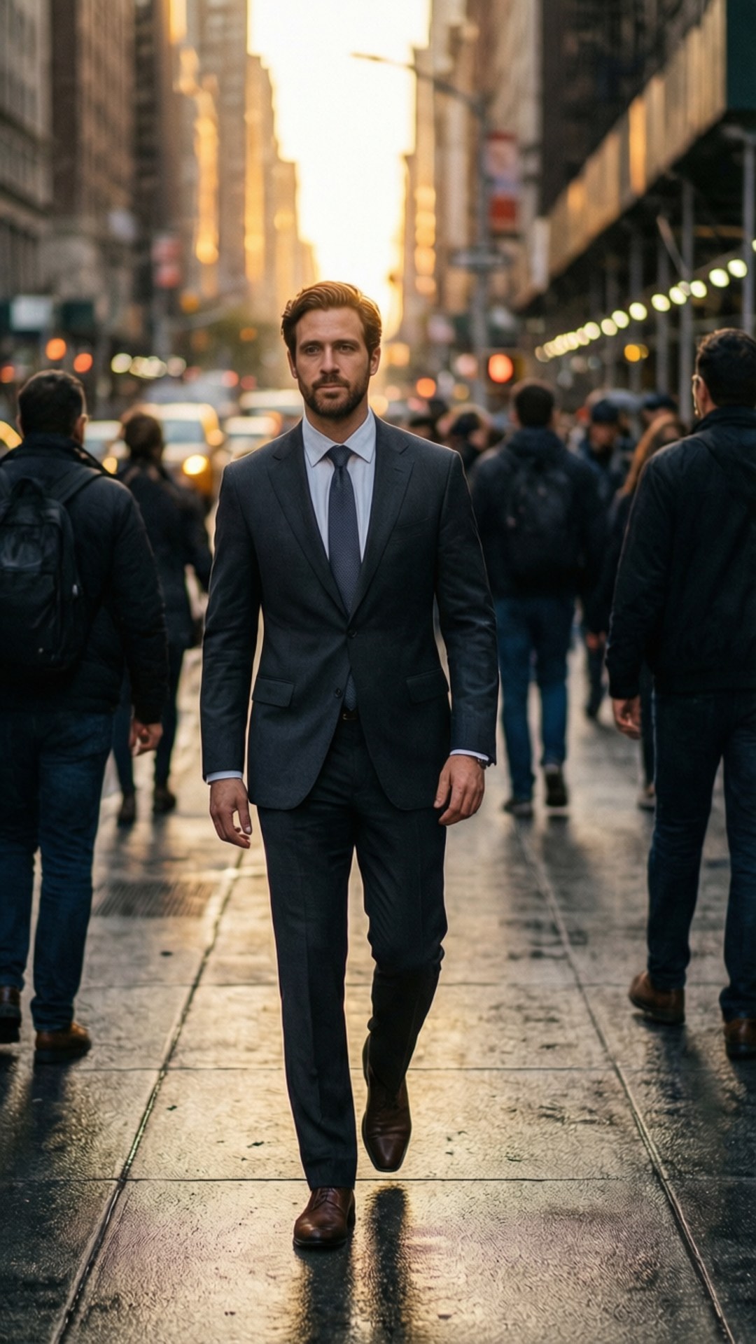 City Walker 壁紙 — 一位自信滿滿、身穿俐落西裝的男子在濕漉漉的城市人行道上大步向前，身後金色的夕陽餘暉灑滿了繁華的都市街道。