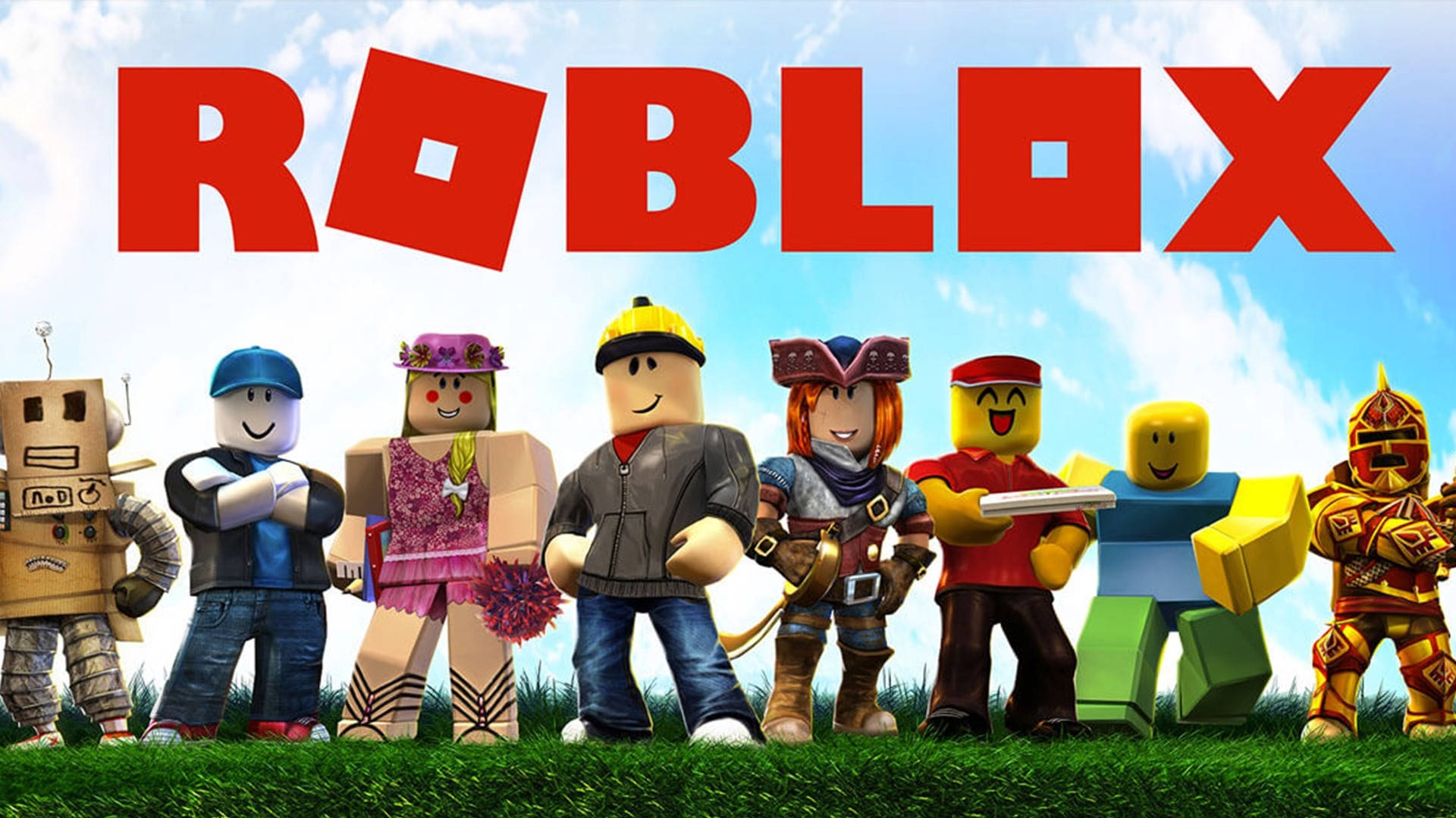 Roblox頭像穿著色彩繽紛的衣服站在草地上，藍天底下有紅色標誌。 — Roblox 壁紙